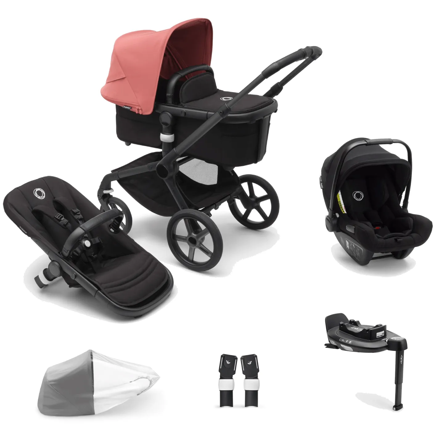 Bugaboo Fox 5, Nuna Turtle and Base Travel System - Black/Midnight Black/Sunrise Red