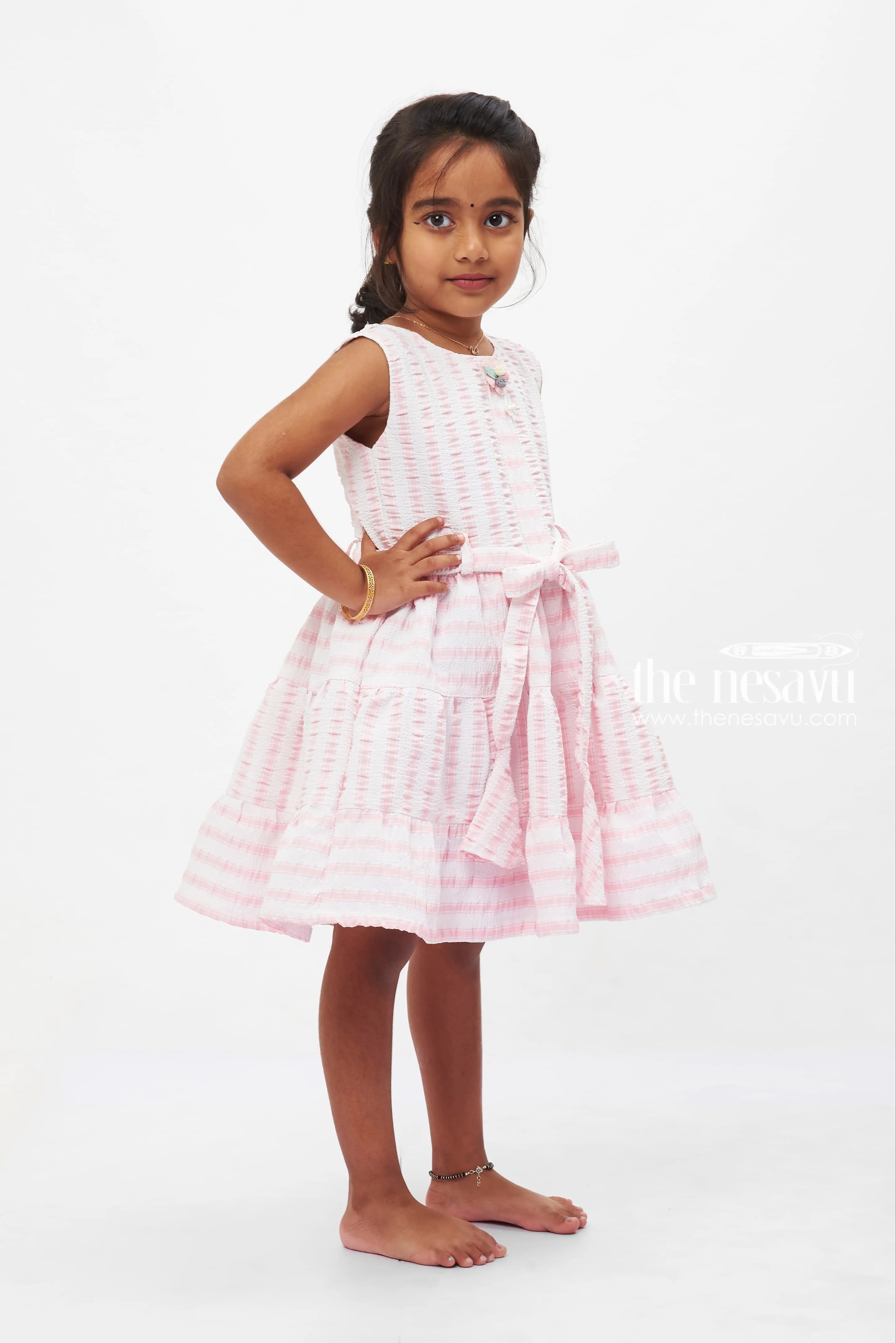 Candy Stripe Cotton Twirl Frock: Playful Pink with Bow Detail for Girls