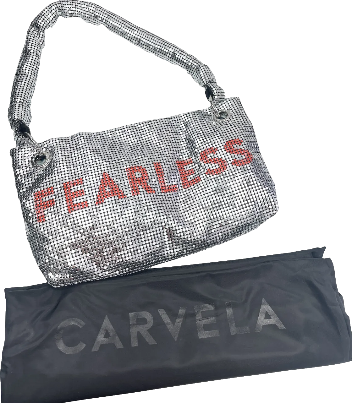 Carvela Metallic Silver Chainmail "fearless" Logo Shoulder Bag BNWT