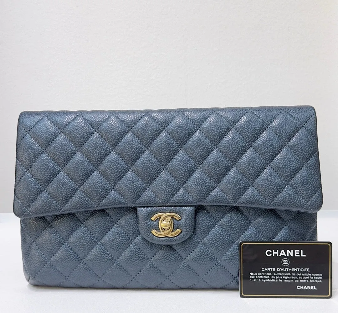 CHANEL Classic Large Clutch Blue Grained Calfskin GHW