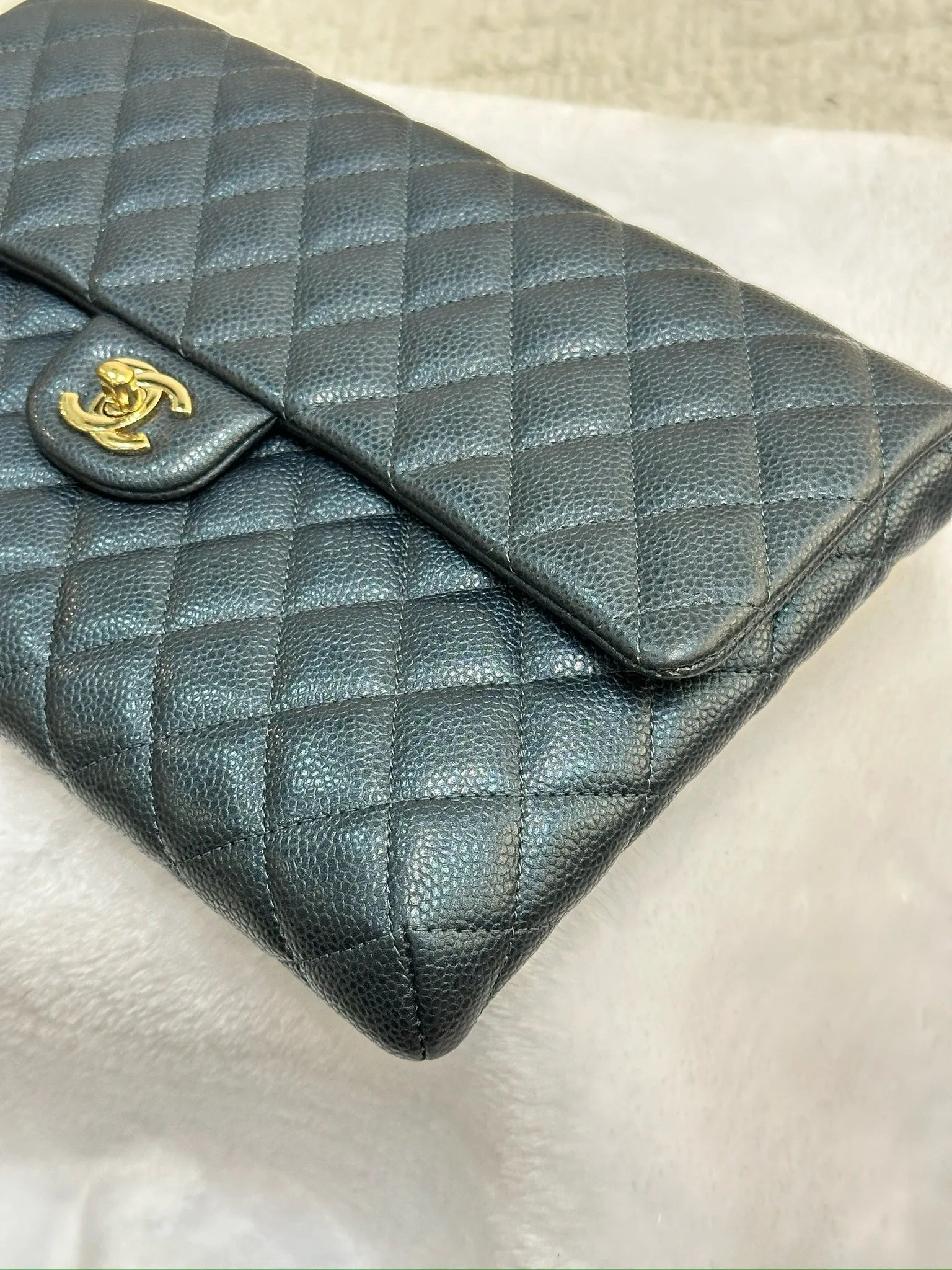 CHANEL Classic Large Clutch Blue Grained Calfskin GHW