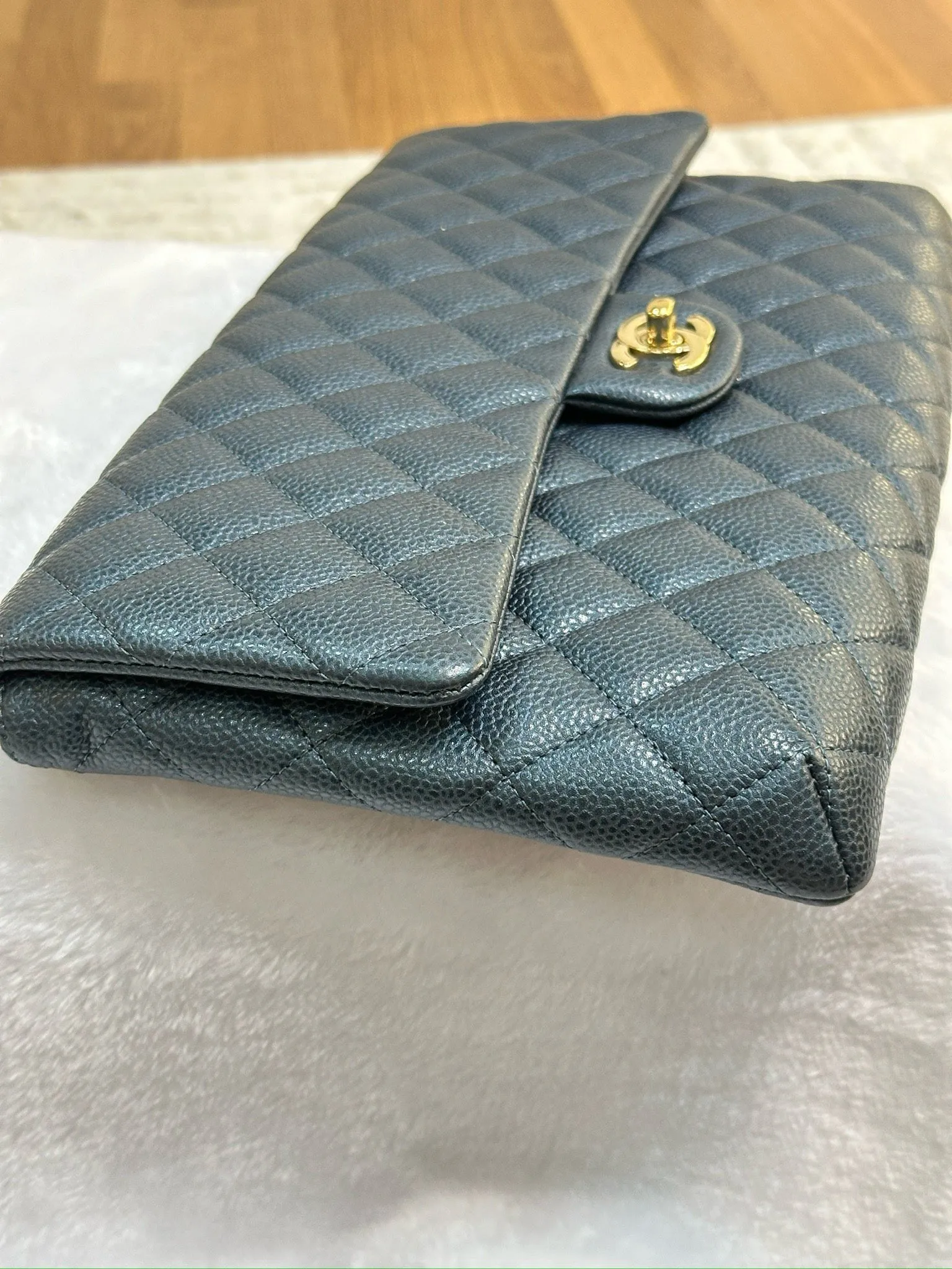 CHANEL Classic Large Clutch Blue Grained Calfskin GHW