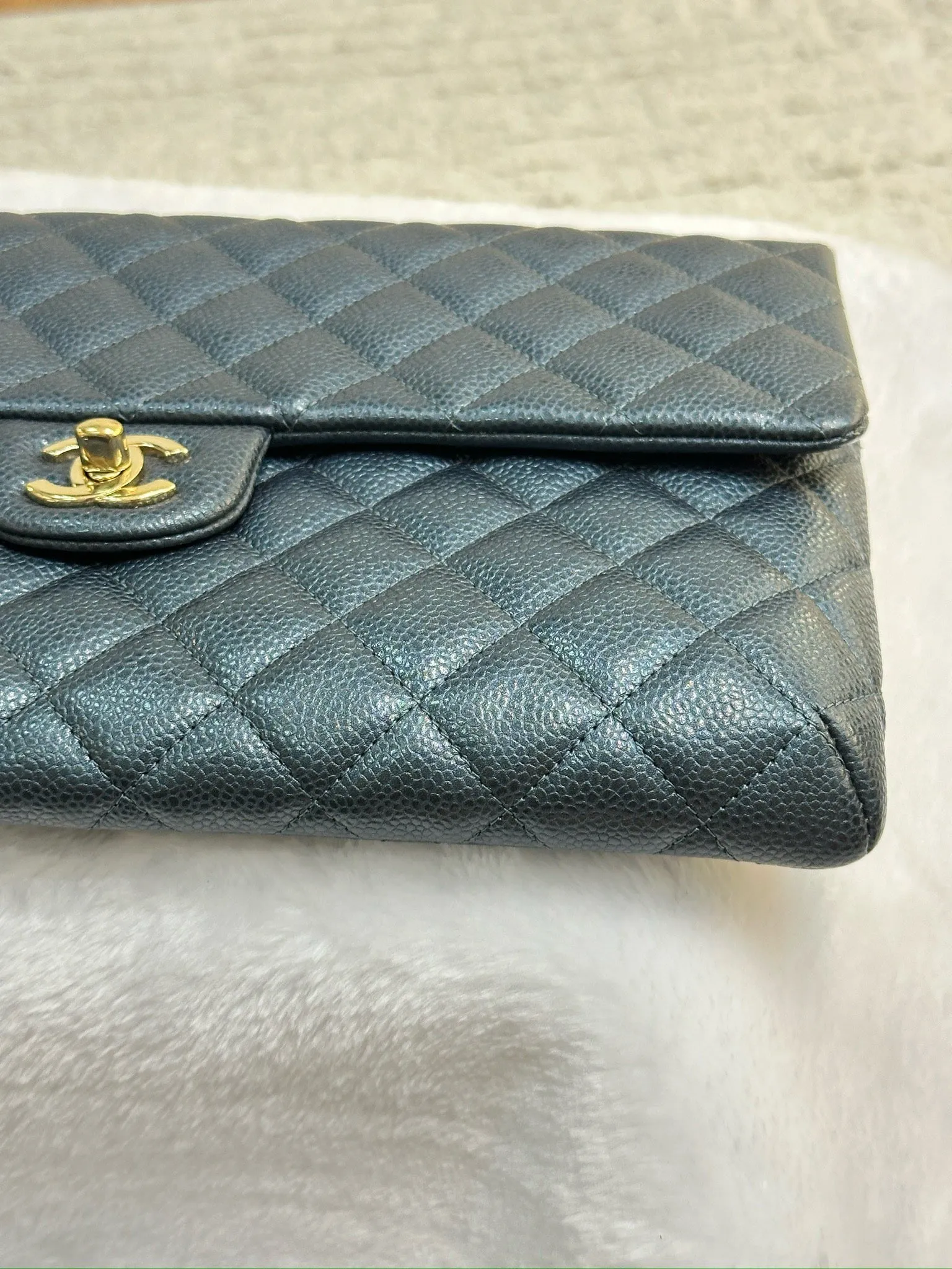 CHANEL Classic Large Clutch Blue Grained Calfskin GHW