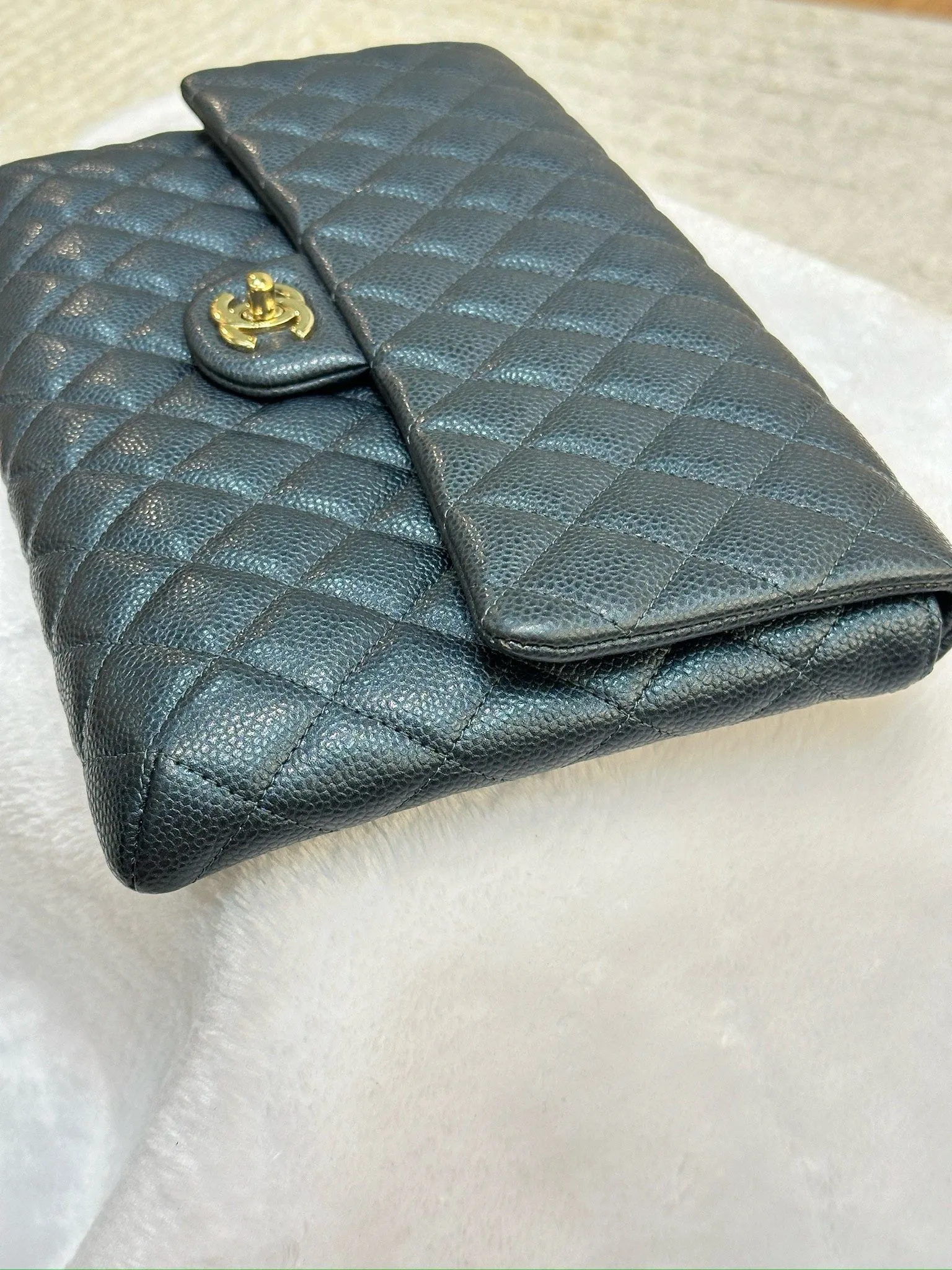 CHANEL Classic Large Clutch Blue Grained Calfskin GHW