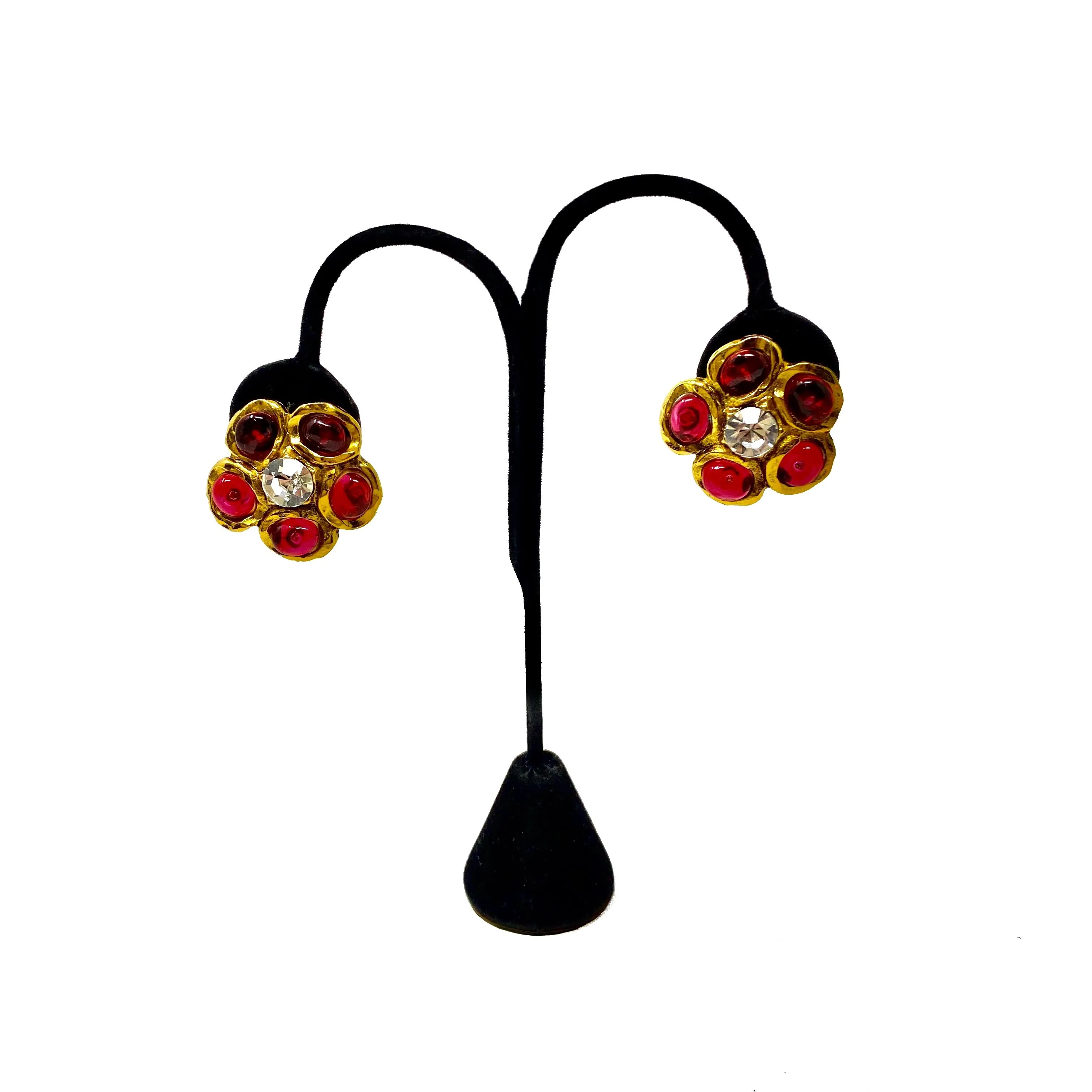 Chanel Gripoix Red Gold Flower Crystal Center Clip Earrings