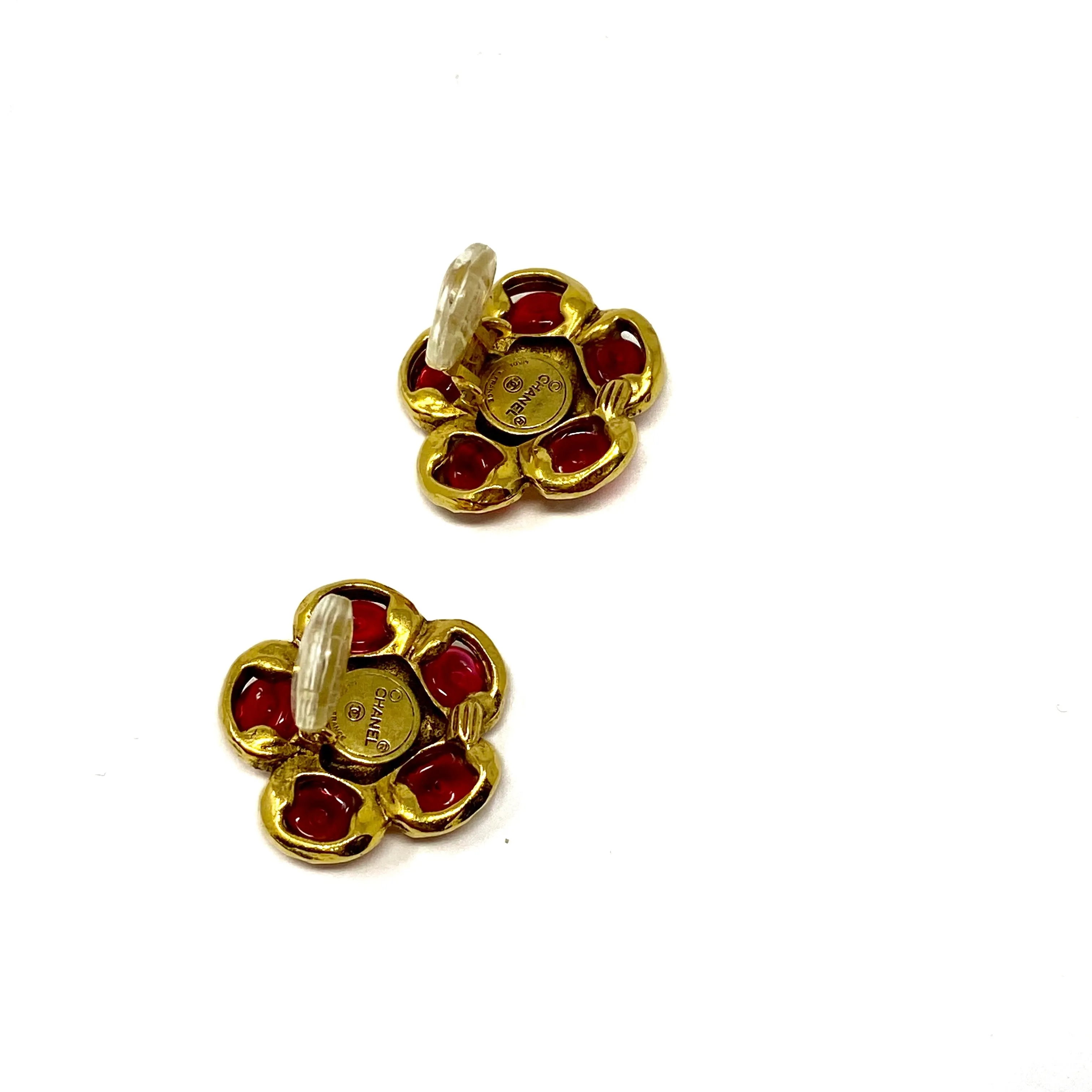 Chanel Gripoix Red Gold Flower Crystal Center Clip Earrings