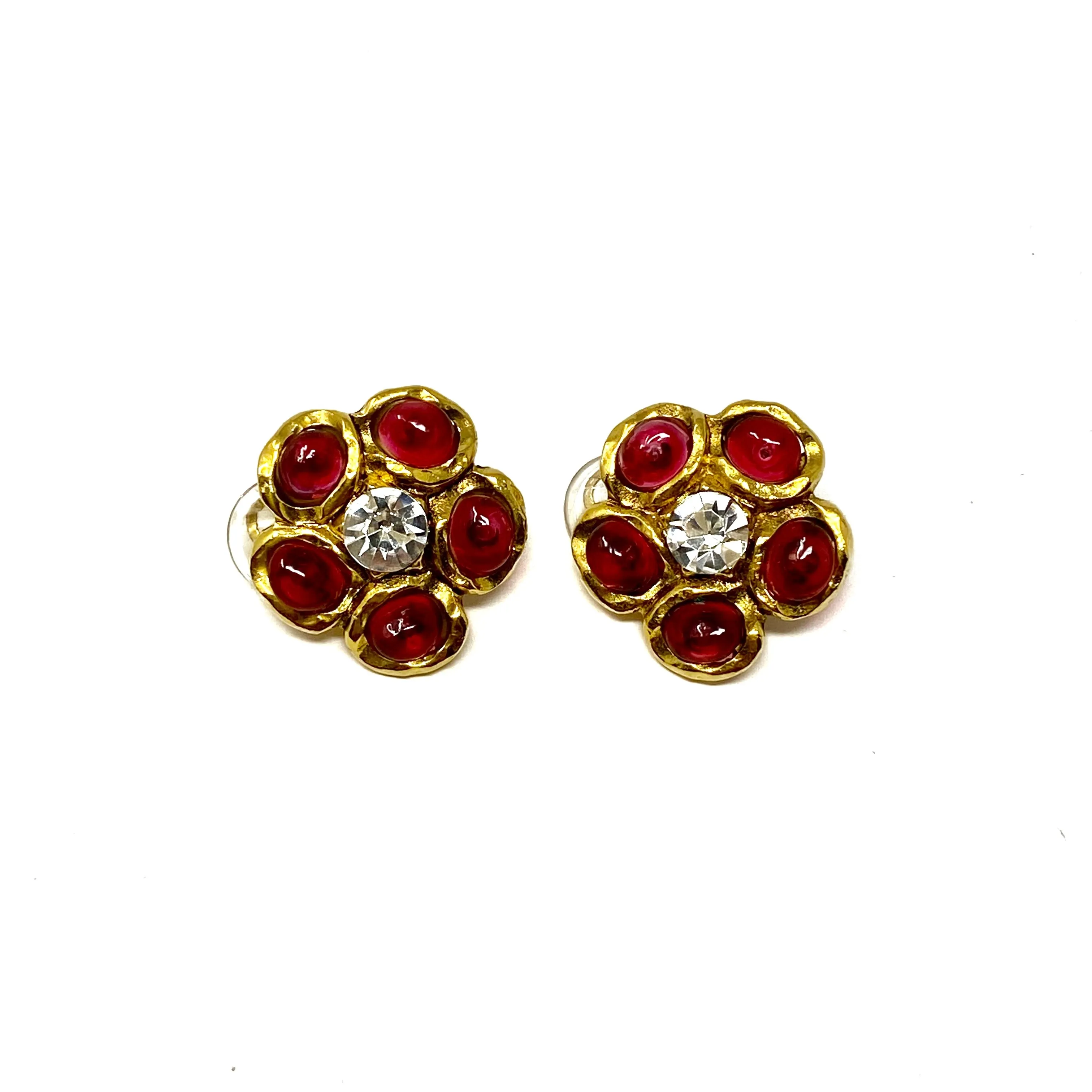 Chanel Gripoix Red Gold Flower Crystal Center Clip Earrings