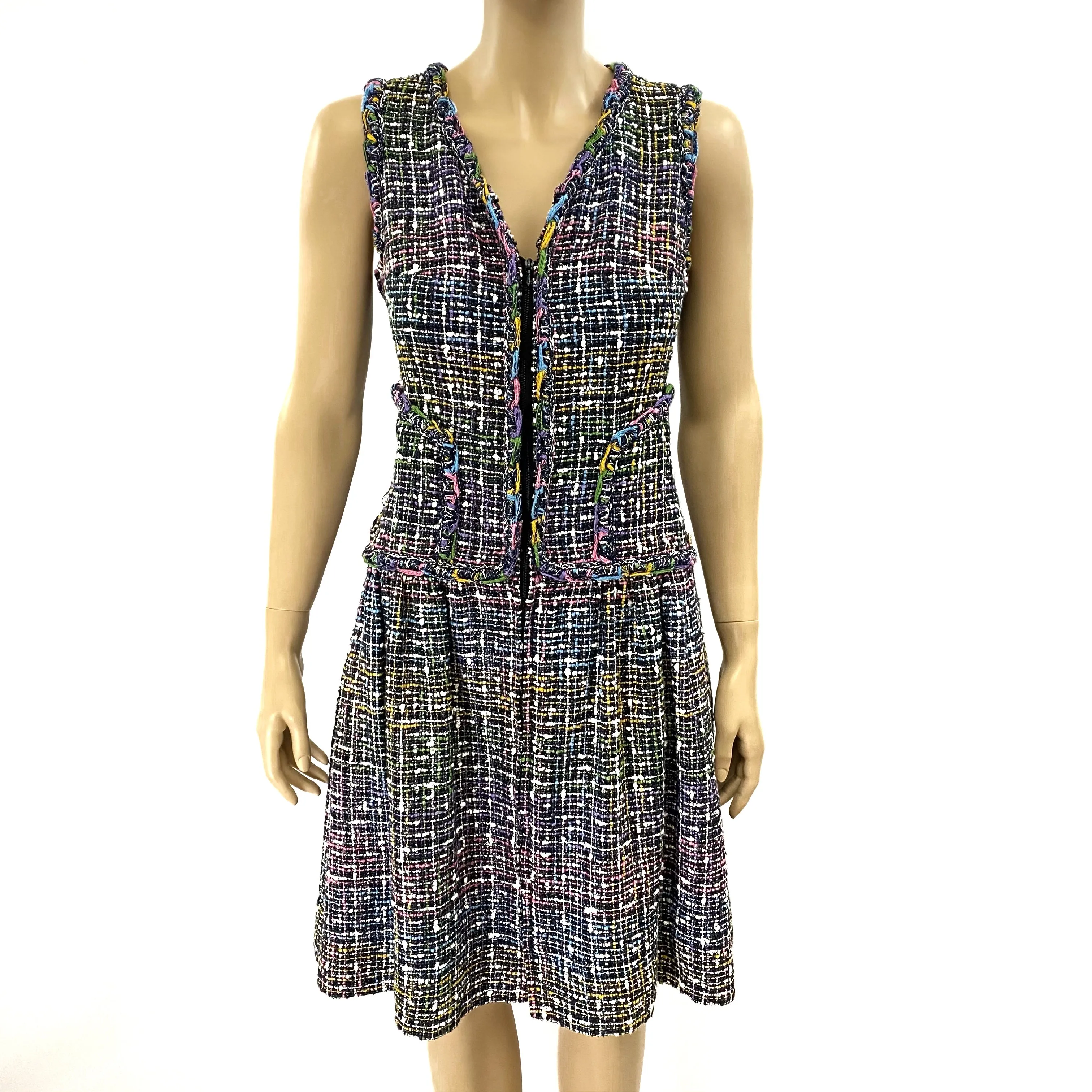 CHANEL Multi Color Silver Tweed Zipper Front Flare Dress Size 36 | 6