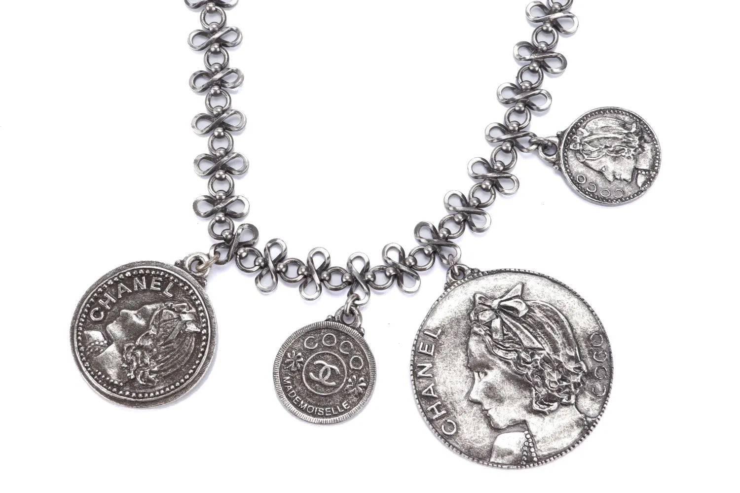 Chanel Ruthenium Chain Necklace with 9 Round Coins Charm (Coin Diameter 2cm, 3.1cm, 4.3cm & 5.6cm), long 100cm, no Dust Cover