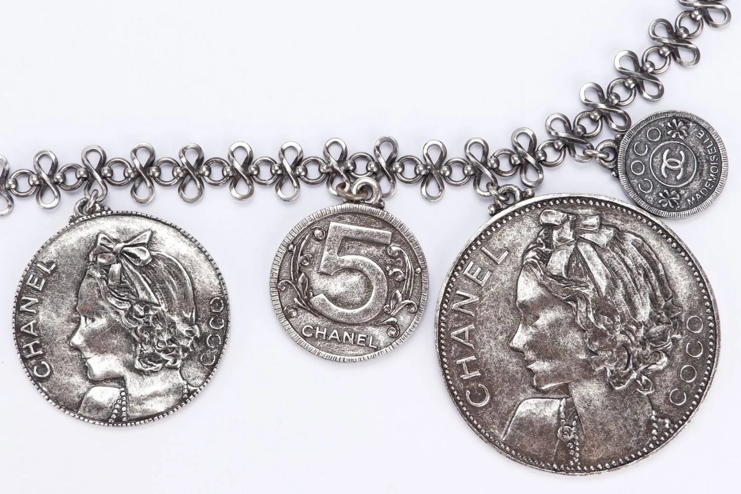 Chanel Ruthenium Chain Necklace with 9 Round Coins Charm (Coin Diameter 2cm, 3.1cm, 4.3cm & 5.6cm), long 100cm, no Dust Cover