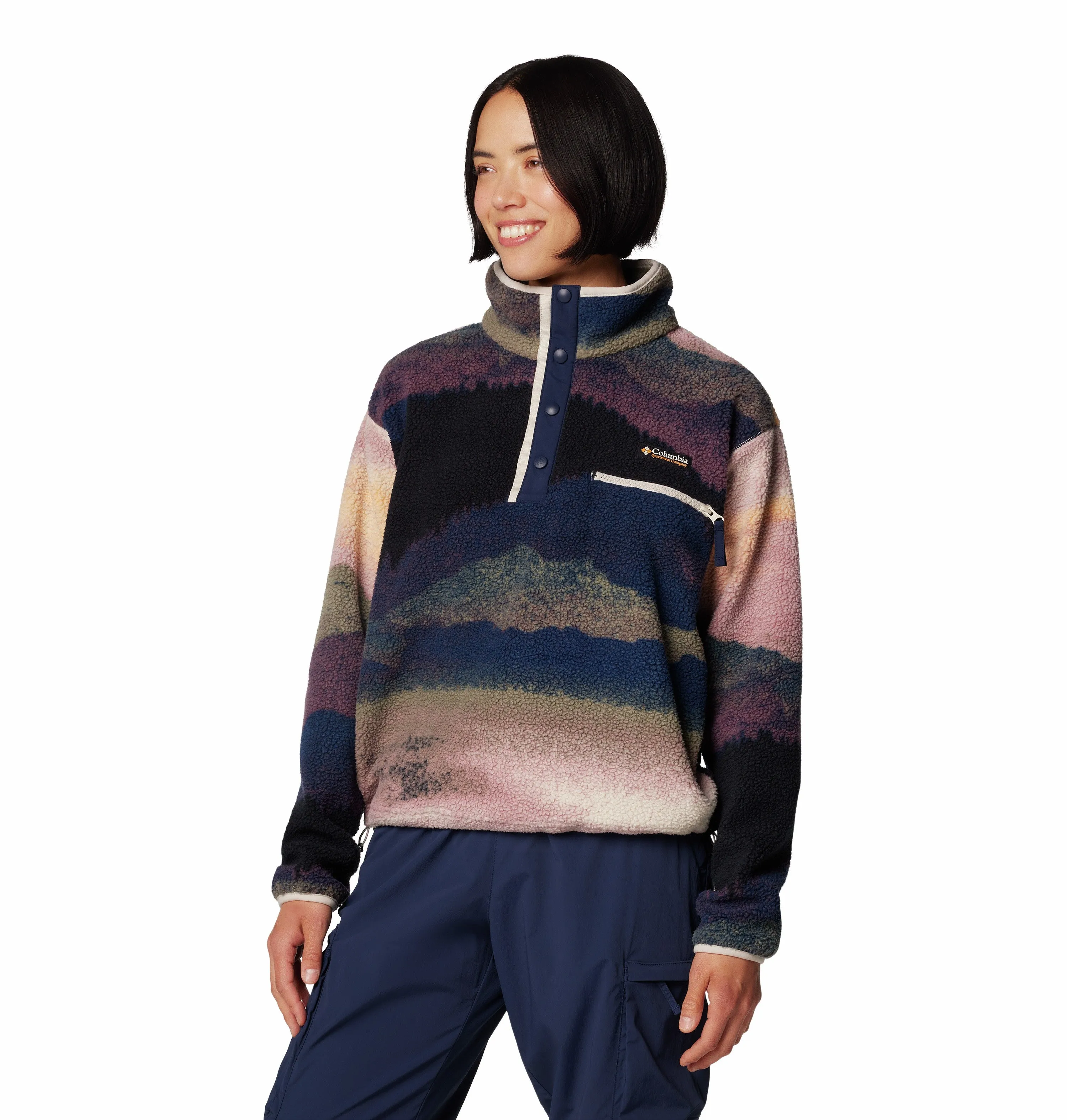 Columbia Ladies Printed Cropped Helvetia Half Snap Fleece-NAVY