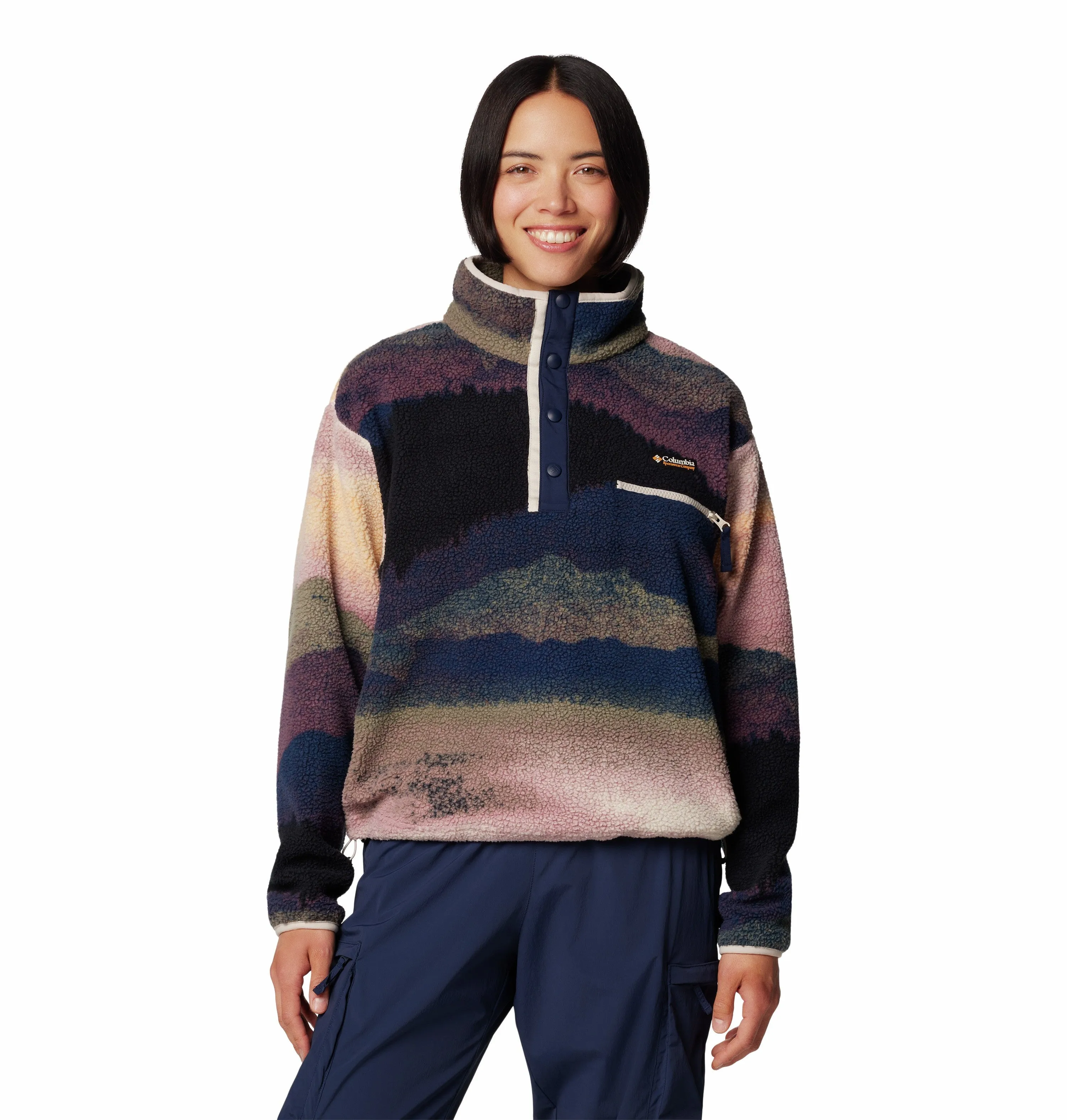 Columbia Ladies Printed Cropped Helvetia Half Snap Fleece-NAVY