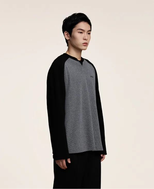 Contrast Spliced Waffle Knit Long Sleeve T-Shirt