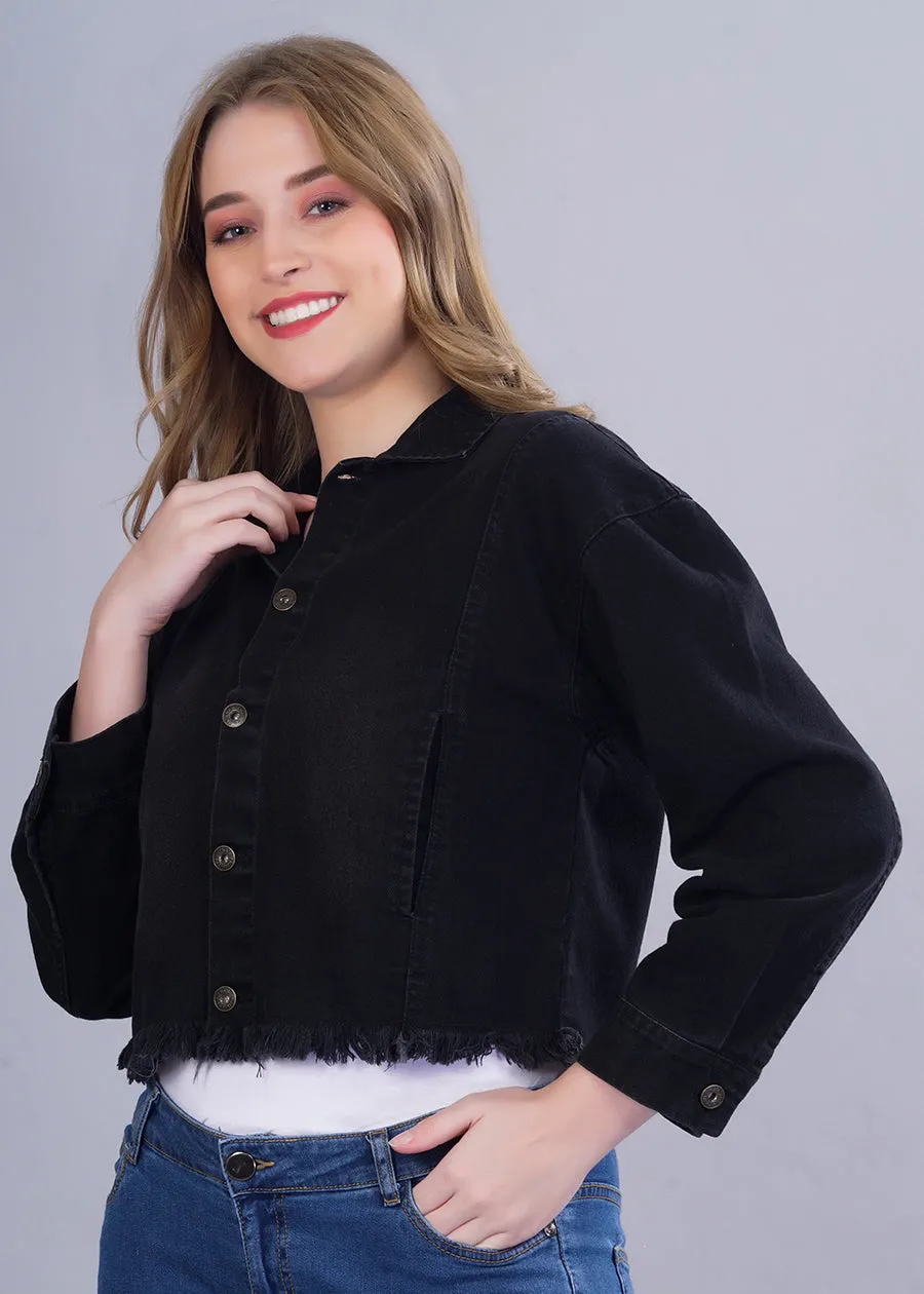 Cropped Black Denim Jacket For Womens