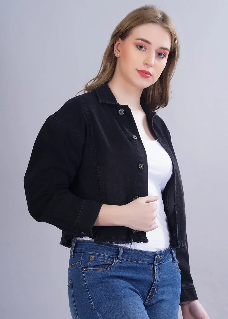 Cropped Black Denim Jacket For Womens