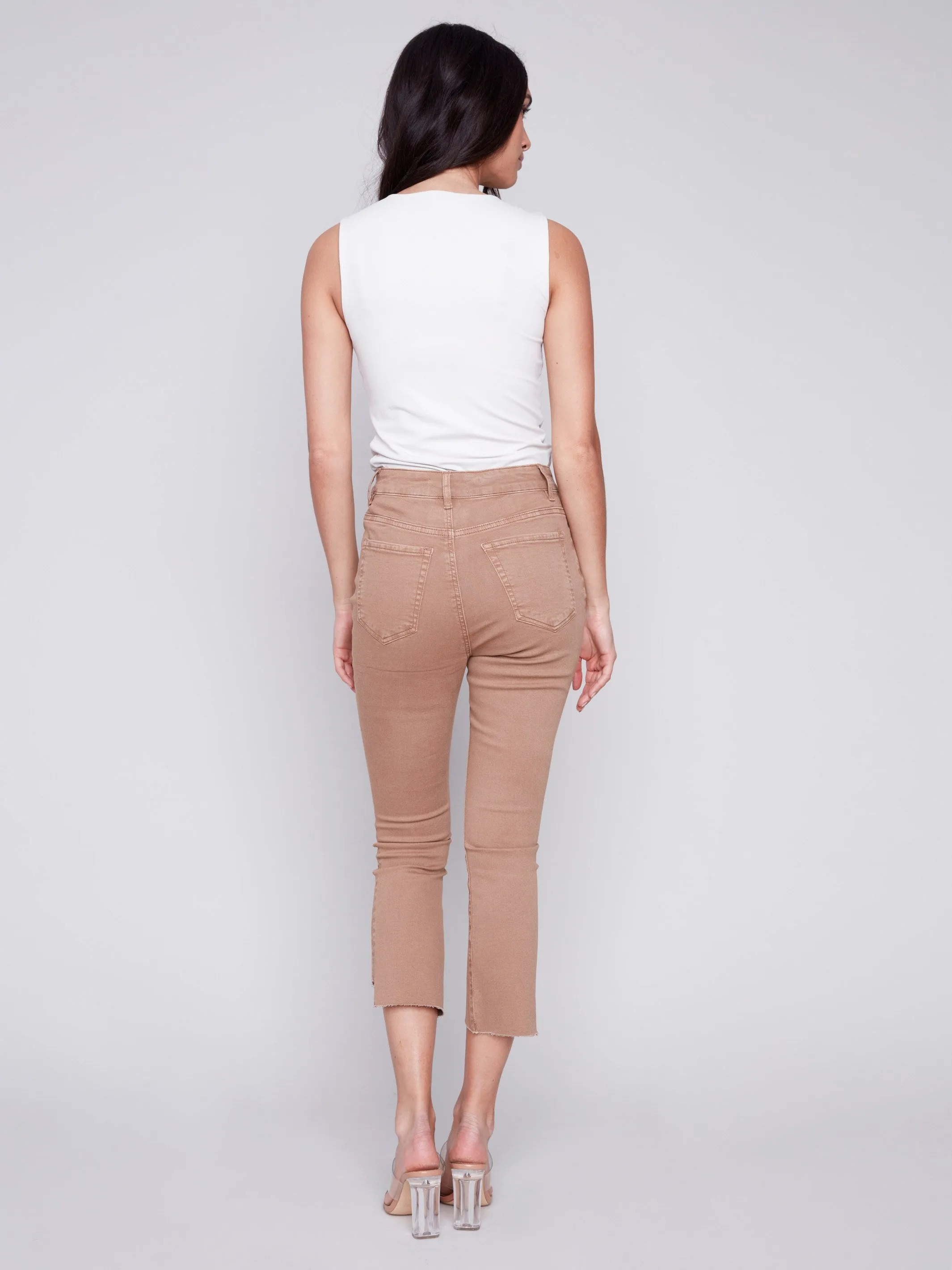 Cropped Bootcut Twill Pants with Asymmetrical Hem - Caramel