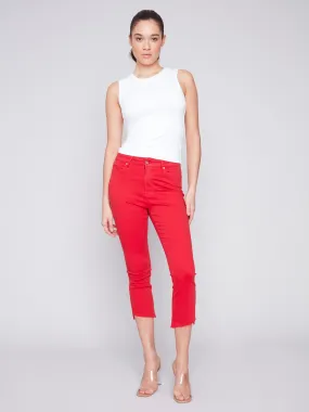 Cropped Bootcut Twill Pants with Asymmetrical Hem - Cherry