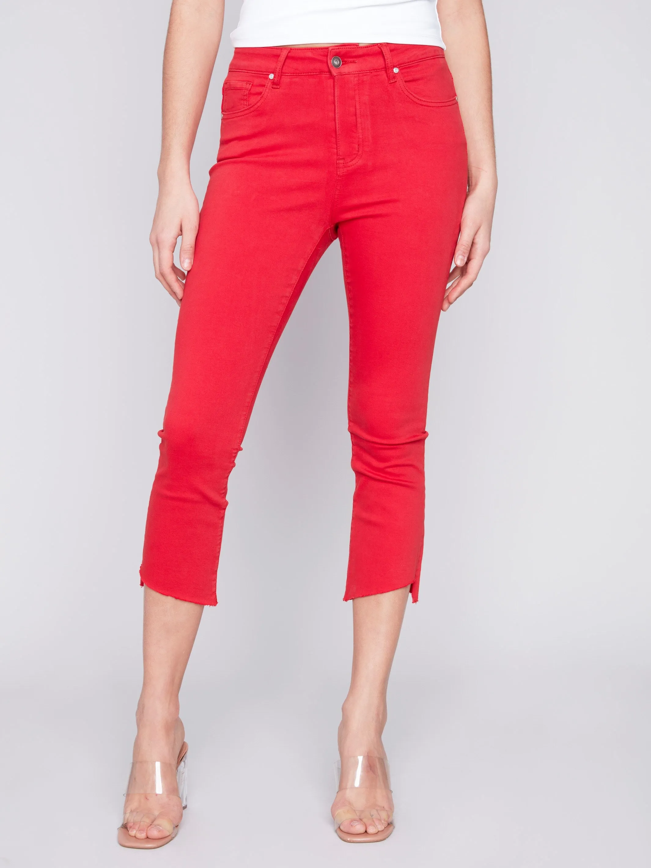 Cropped Bootcut Twill Pants with Asymmetrical Hem - Cherry