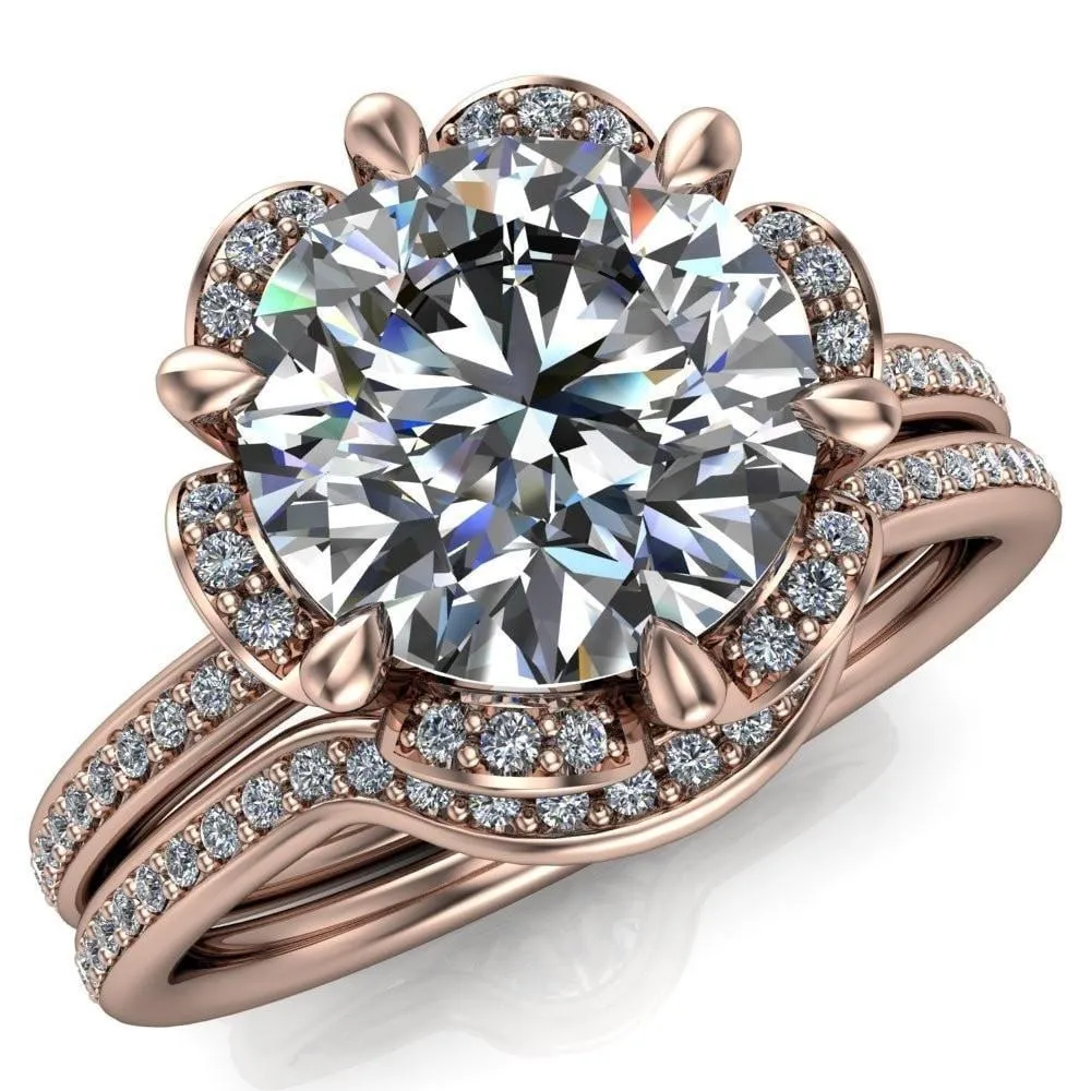 Daisy Round Lab-Grown Diamond Center Stone Floral Diamond Basket Design and Diamond Shoulders Ring