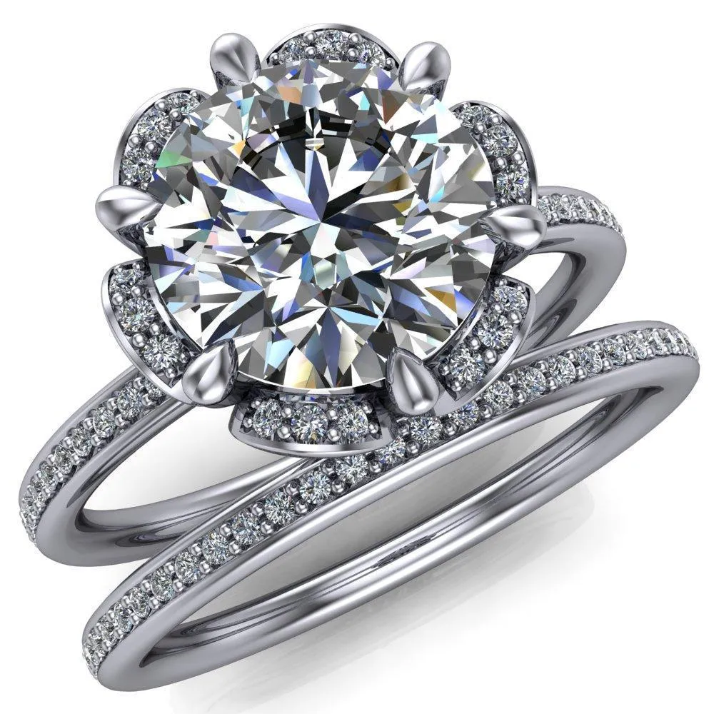 Daisy Round Lab-Grown Diamond Center Stone Floral Diamond Basket Design and Diamond Shoulders Ring