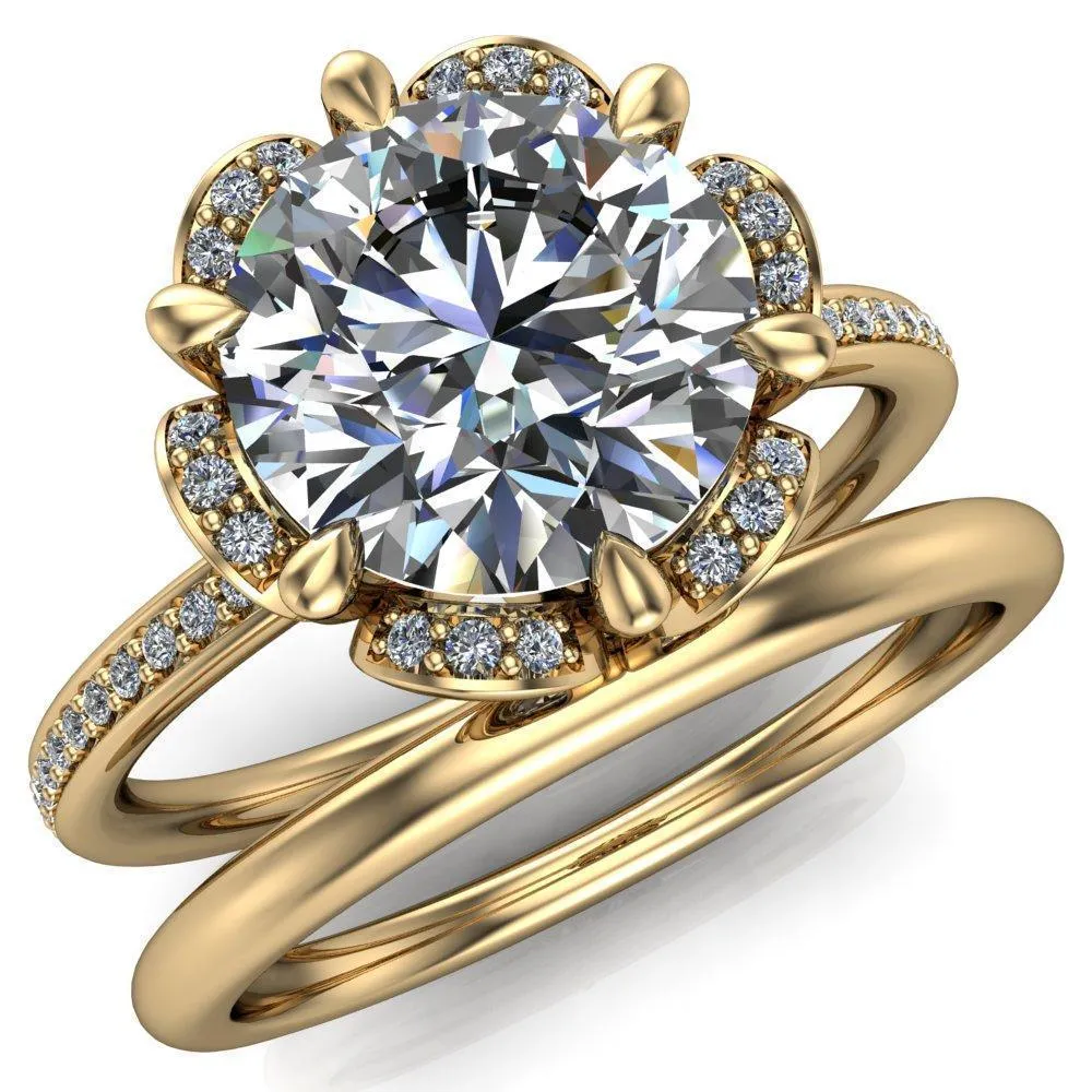 Daisy Round Lab-Grown Diamond Center Stone Floral Diamond Basket Design and Diamond Shoulders Ring