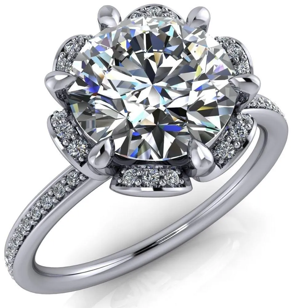 Daisy Round Lab-Grown Diamond Center Stone Floral Diamond Basket Design and Diamond Shoulders Ring