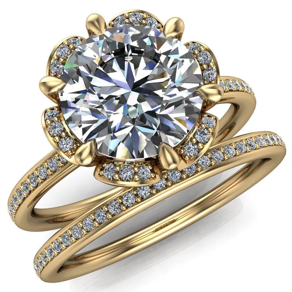 Daisy Round Lab-Grown Diamond Center Stone Floral Diamond Basket Design and Diamond Shoulders Ring