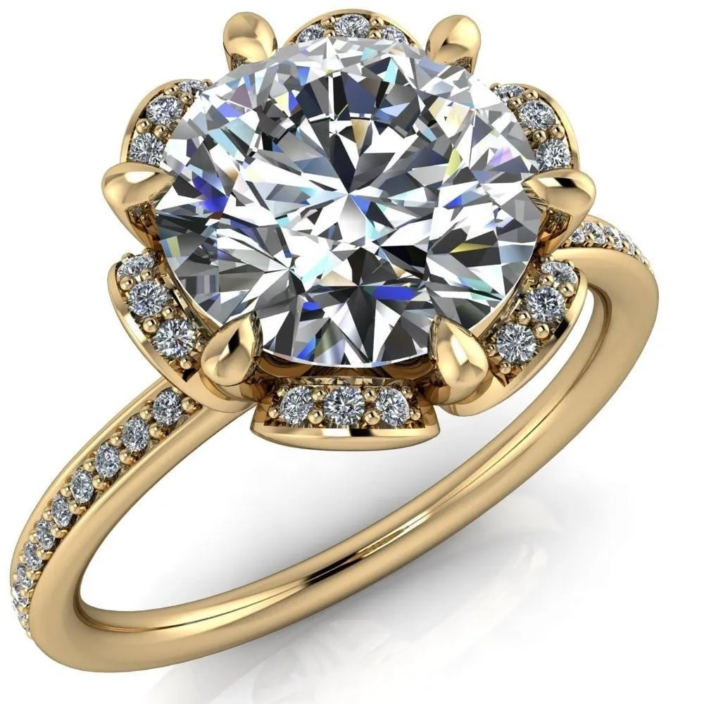 Daisy Round Lab-Grown Diamond Center Stone Floral Diamond Basket Design and Diamond Shoulders Ring