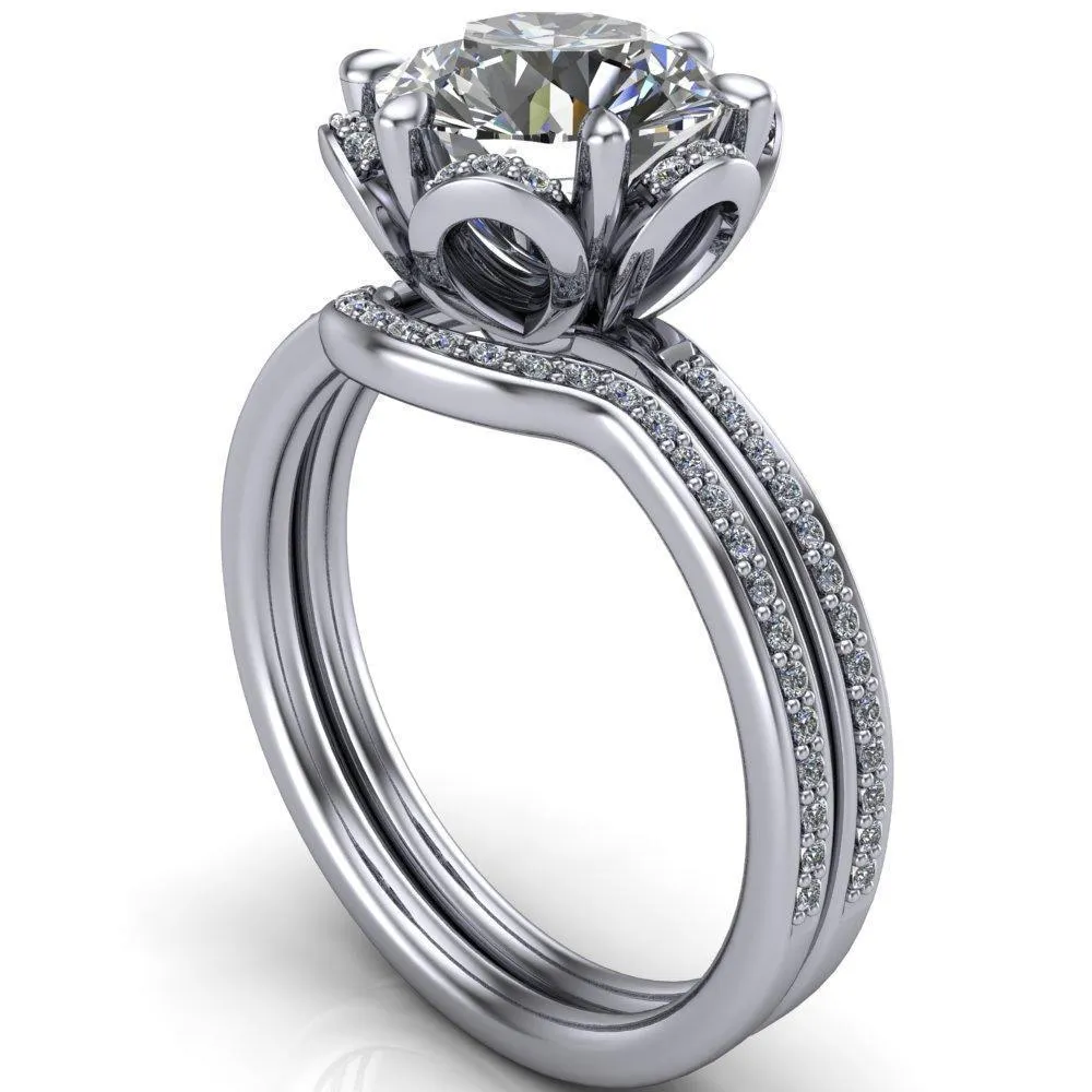 Daisy Round Lab-Grown Diamond Center Stone Floral Diamond Basket Design and Diamond Shoulders Ring