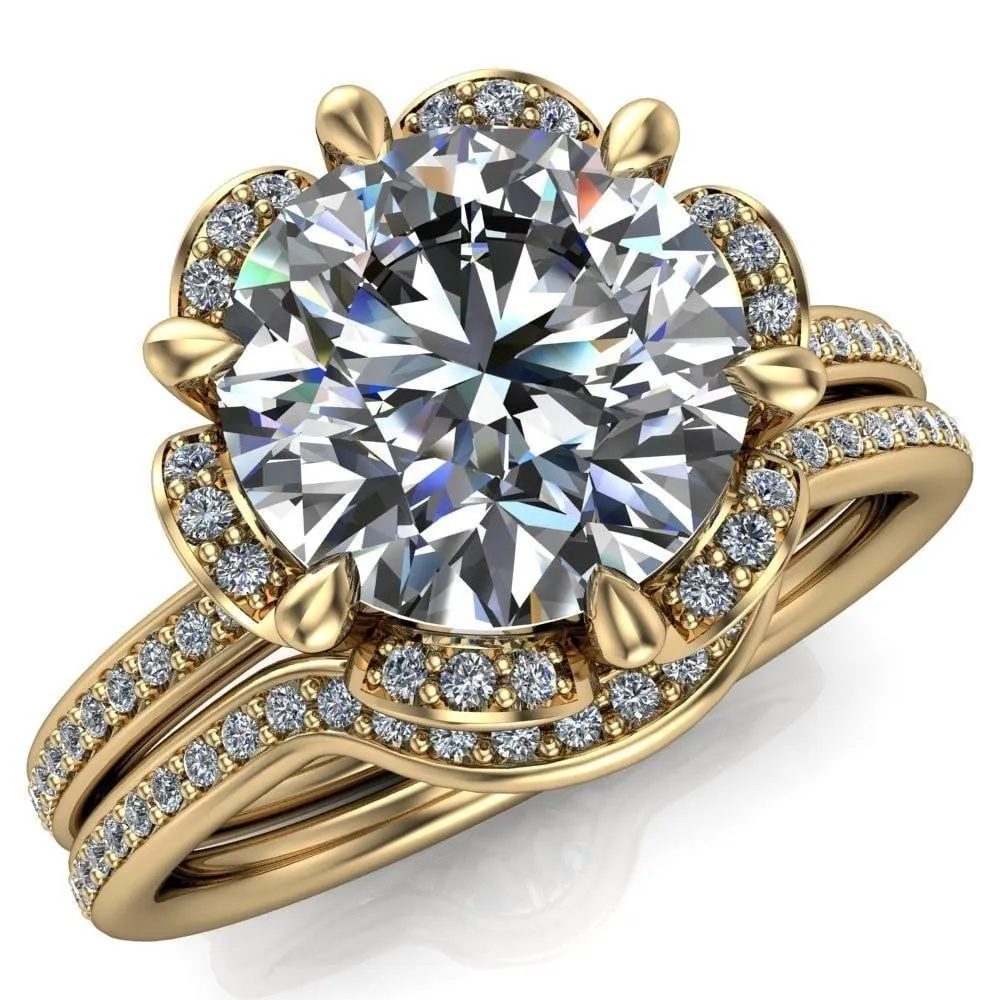 Daisy Round Lab-Grown Diamond Center Stone Floral Diamond Basket Design and Diamond Shoulders Ring