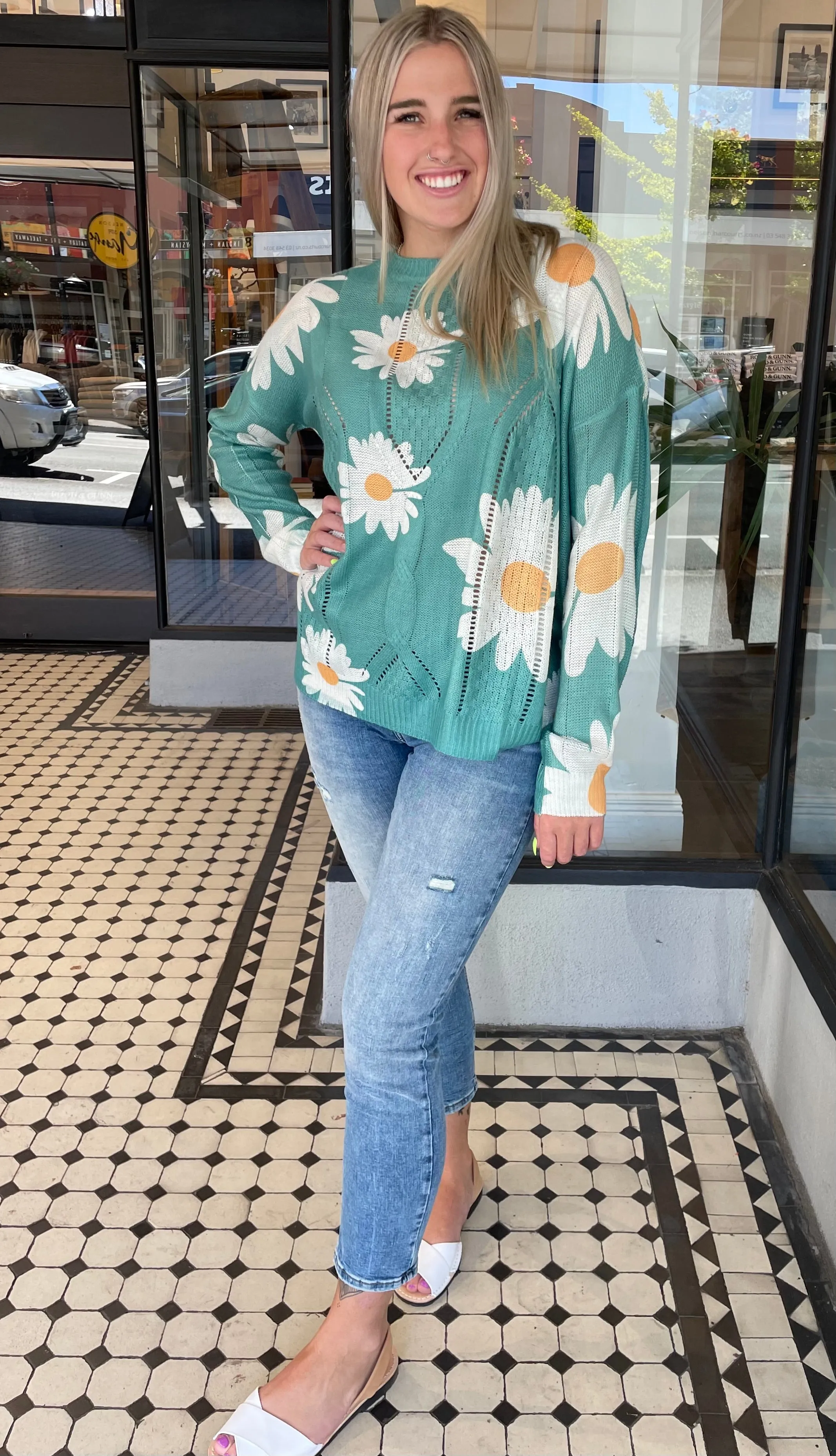 Darling Daisy Crew Neck Sweater Dark Teal