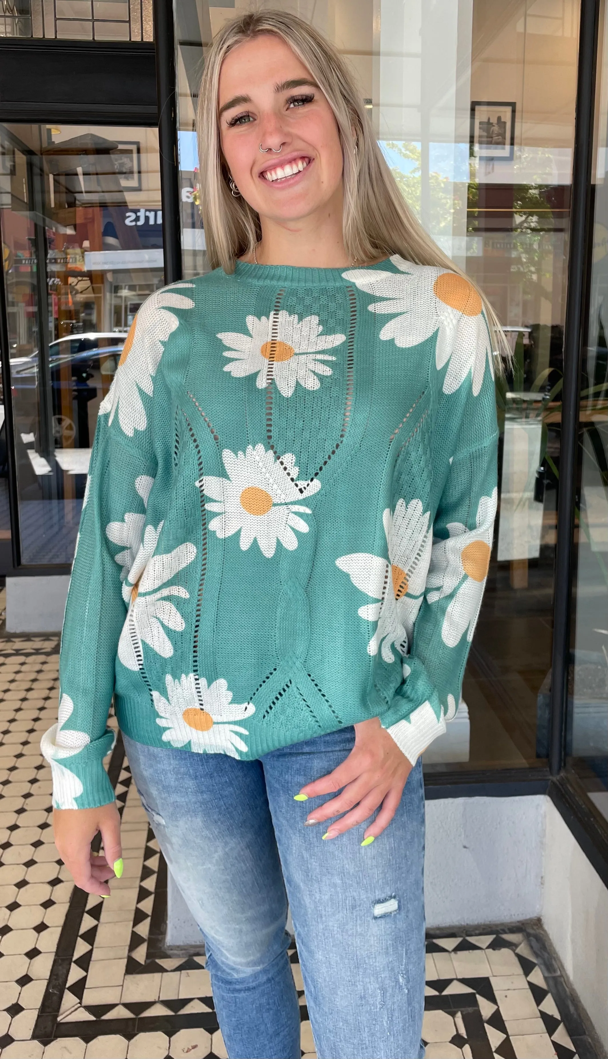 Darling Daisy Crew Neck Sweater Dark Teal