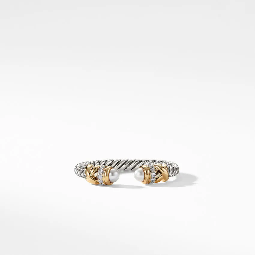 David Yurman Petite Helena Open Ring with Pearls, 18K Yellow Gold and Diamonds