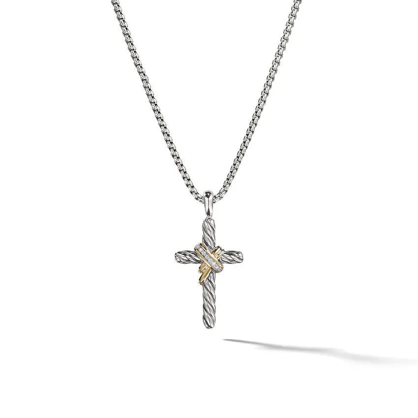 DY X Cross Necklace in Sterling Silver with 14K Yellow Gold and Diamonds, 31.7mm