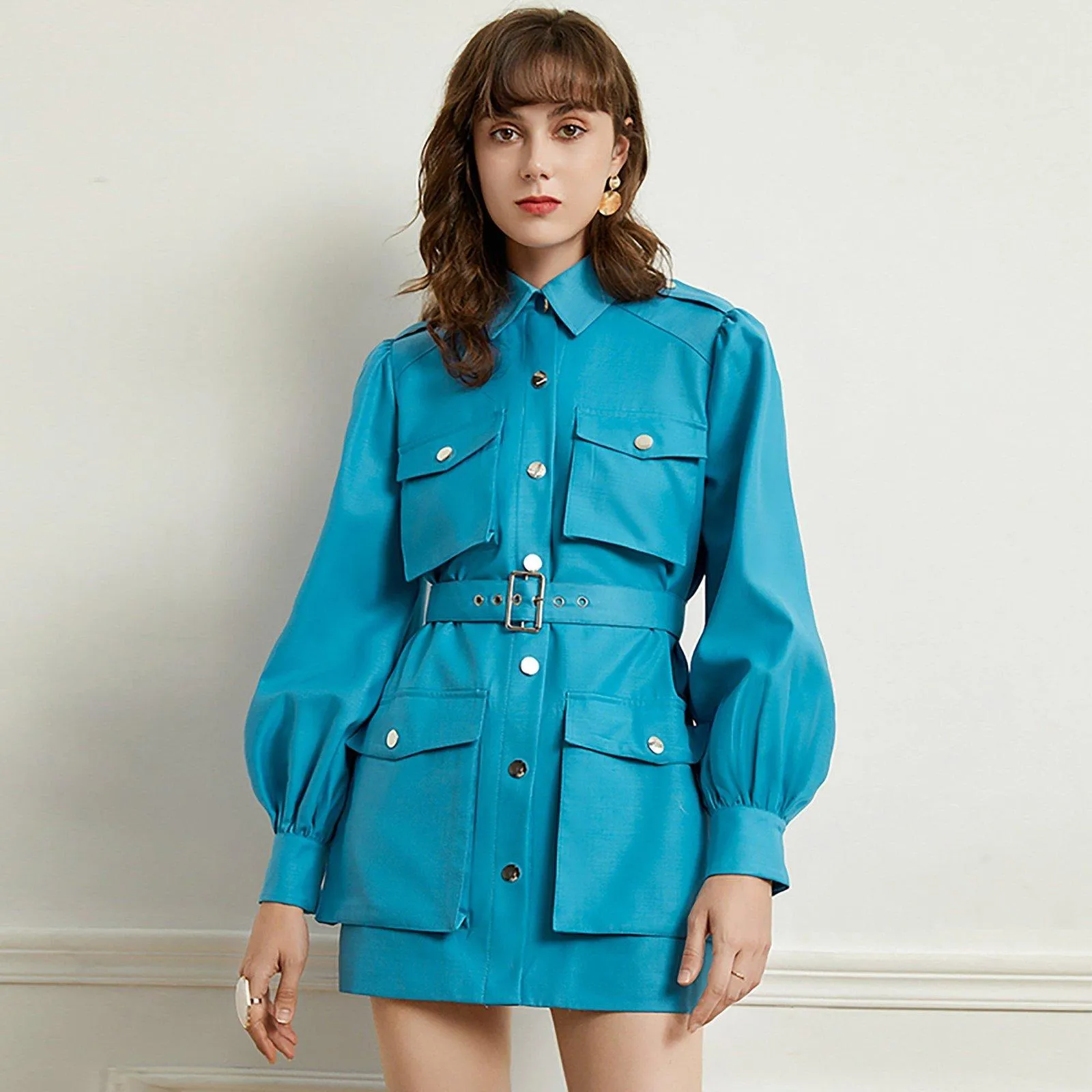 Epaulet Belted Puff Sleeve Flap Pocket Jacket