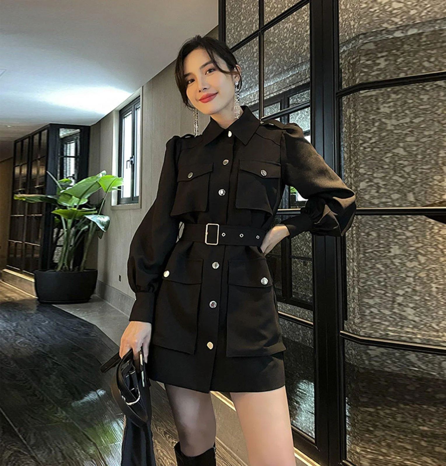 Epaulet Belted Puff Sleeve Flap Pocket Jacket