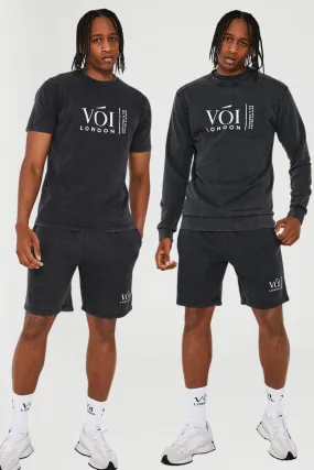 Holton Acid Wash Sweatshirt, T-Shirt & Shorts Set - Charcoal