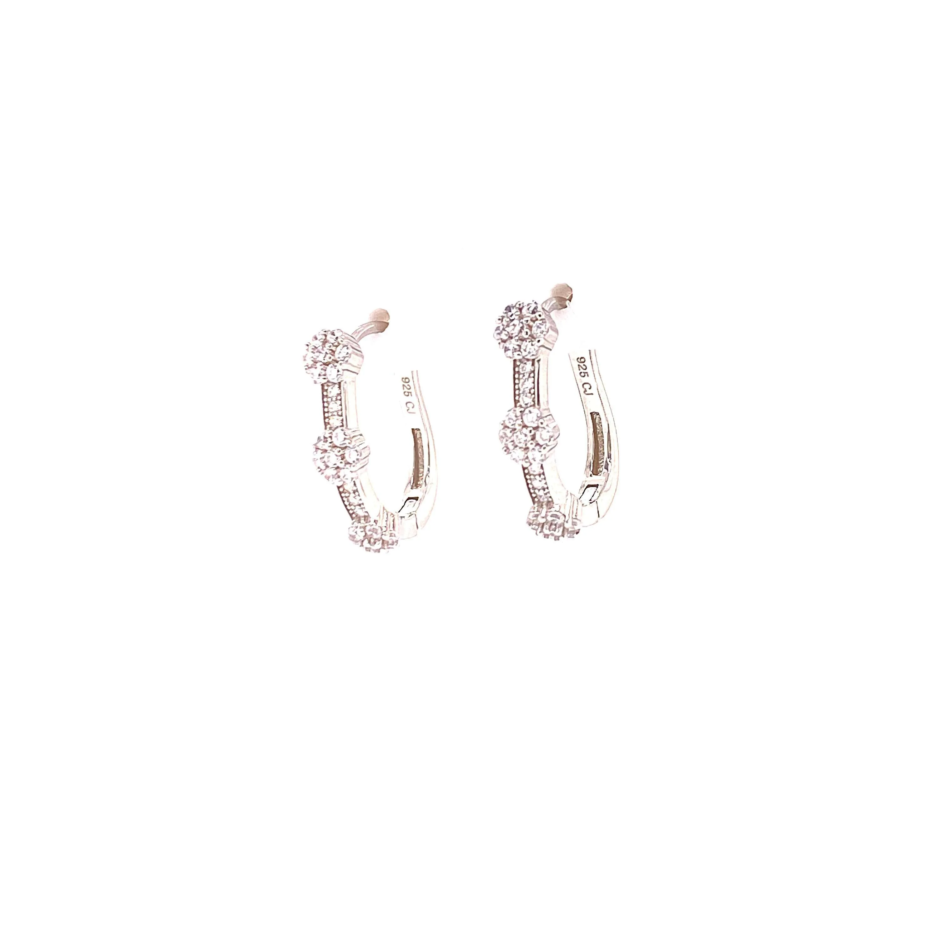 Hoop Earrings With 3 CZ Stone Clusters With White CZ Stones