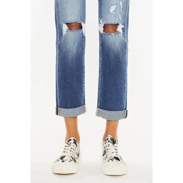 Kancan High Waist Distressed Hem Detail Cropped Straight Jeans