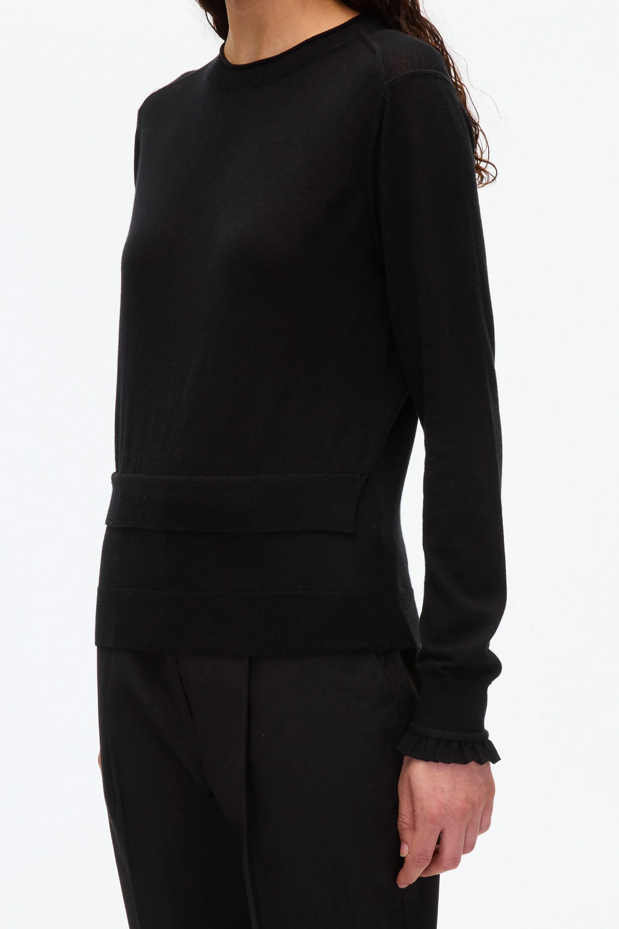 Layered Wool Silk Crew Sweater w Chiffon Cuff