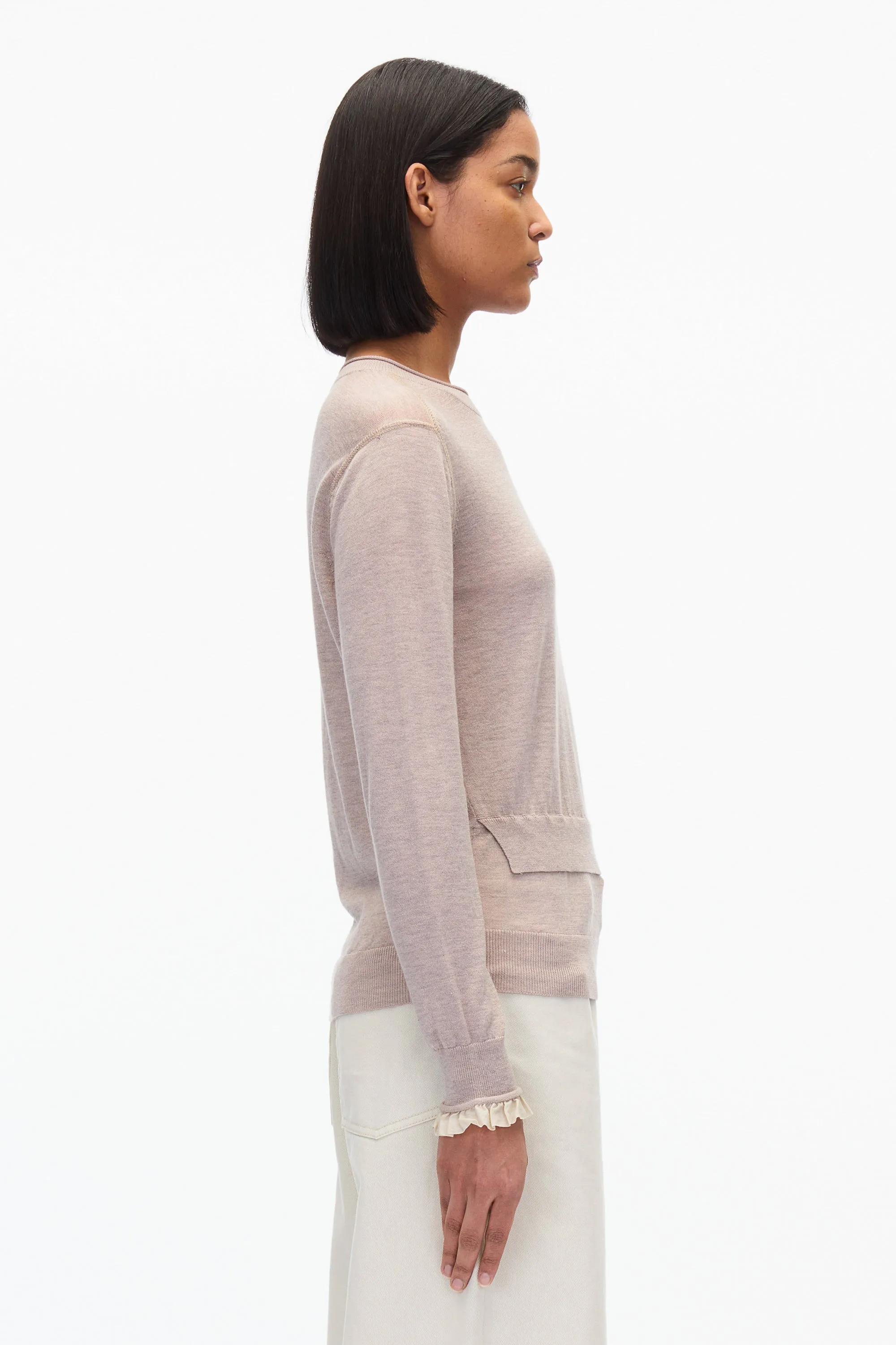 Layered Wool Silk Crew Sweater w Chiffon Cuff