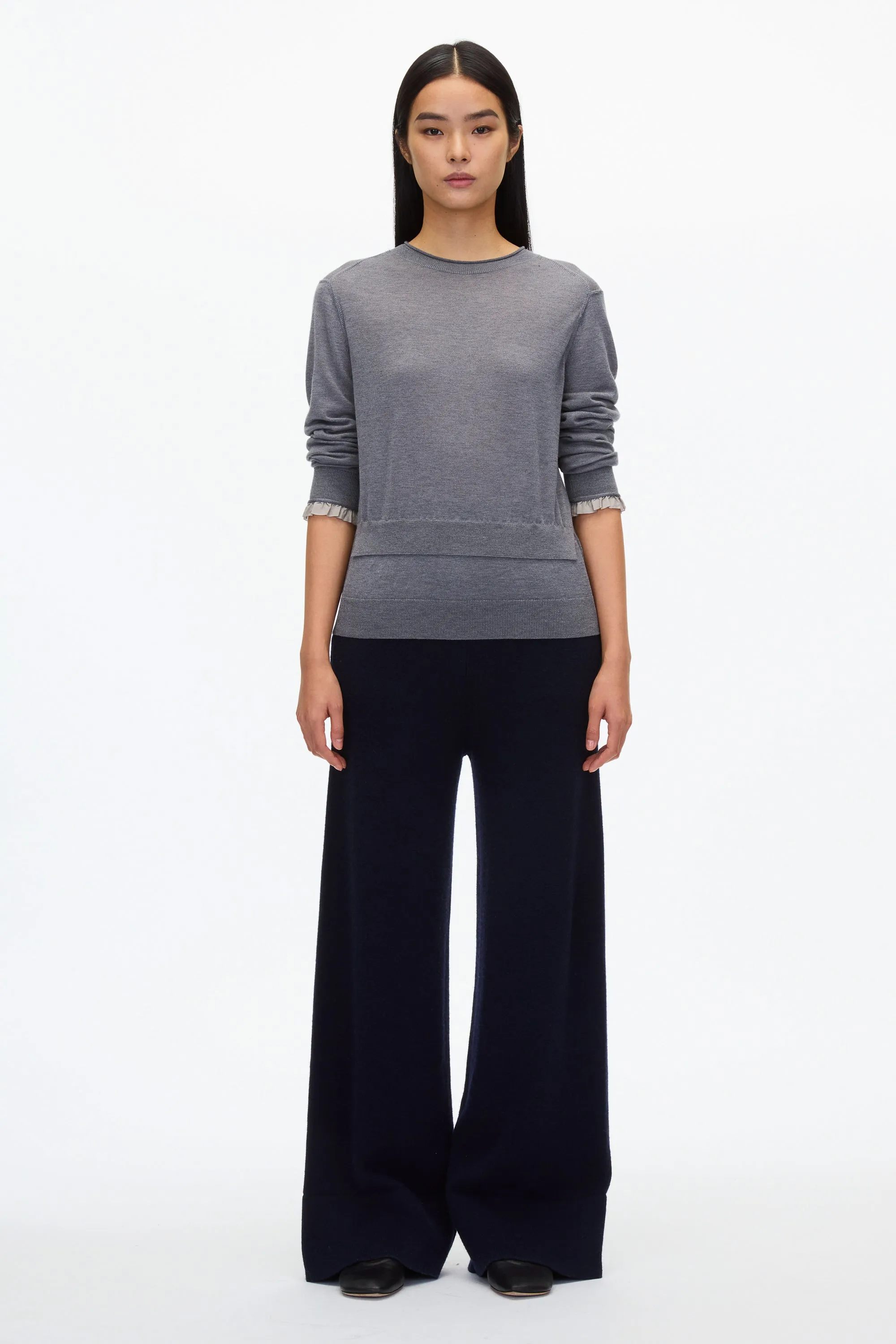 Layered Wool Silk Crew Sweater w Chiffon Cuff