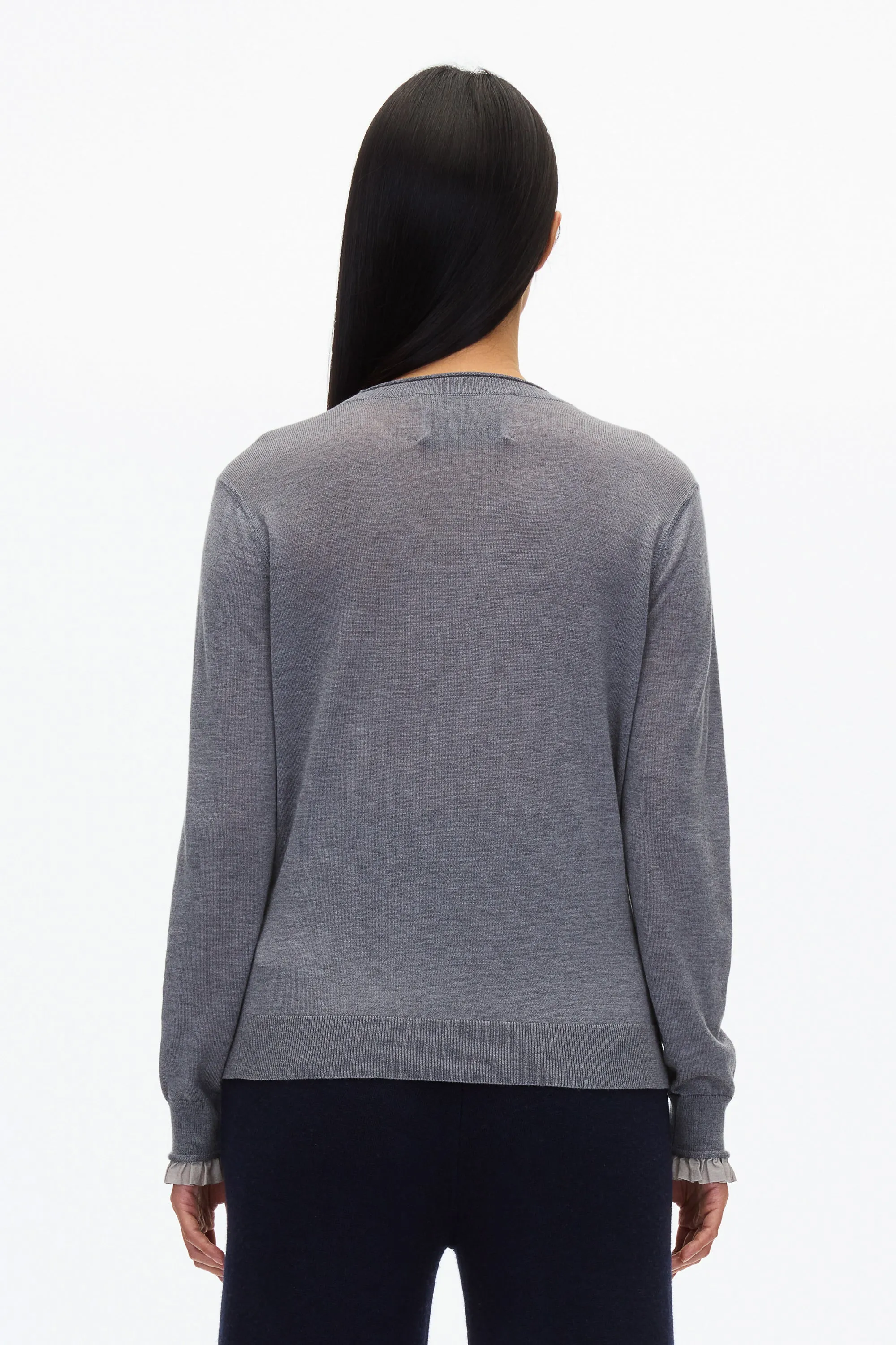 Layered Wool Silk Crew Sweater w Chiffon Cuff