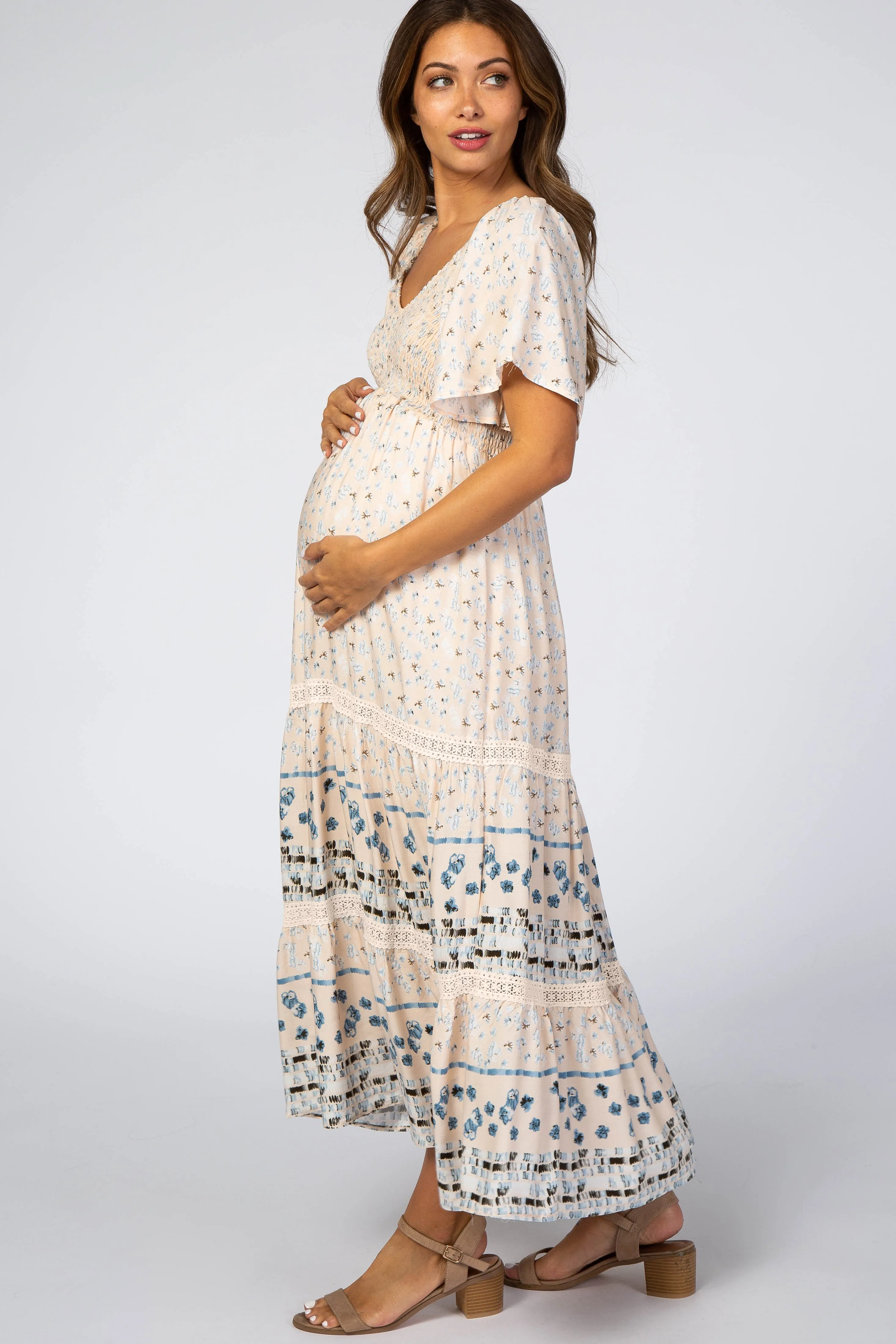 Light Pink Printed Smocked Maternity Midi Dress