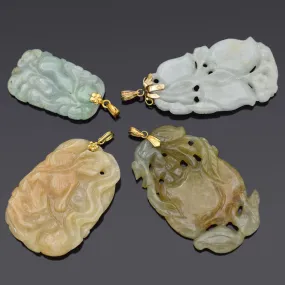 Lot of 4 Vintage 14K Yellow Gold Green & Red Jade Carved Floral Fruit Pendants