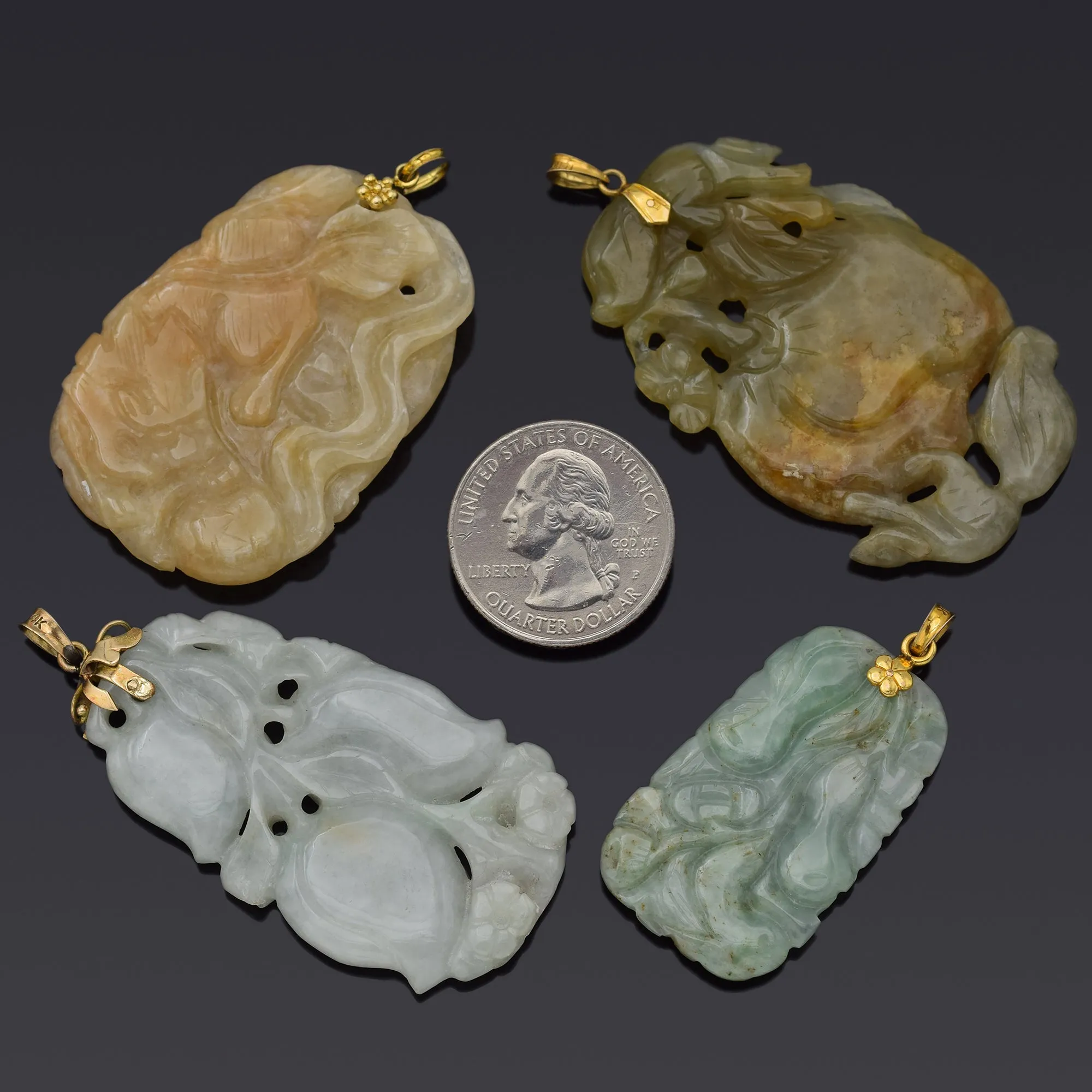 Lot of 4 Vintage 14K Yellow Gold Green & Red Jade Carved Floral Fruit Pendants