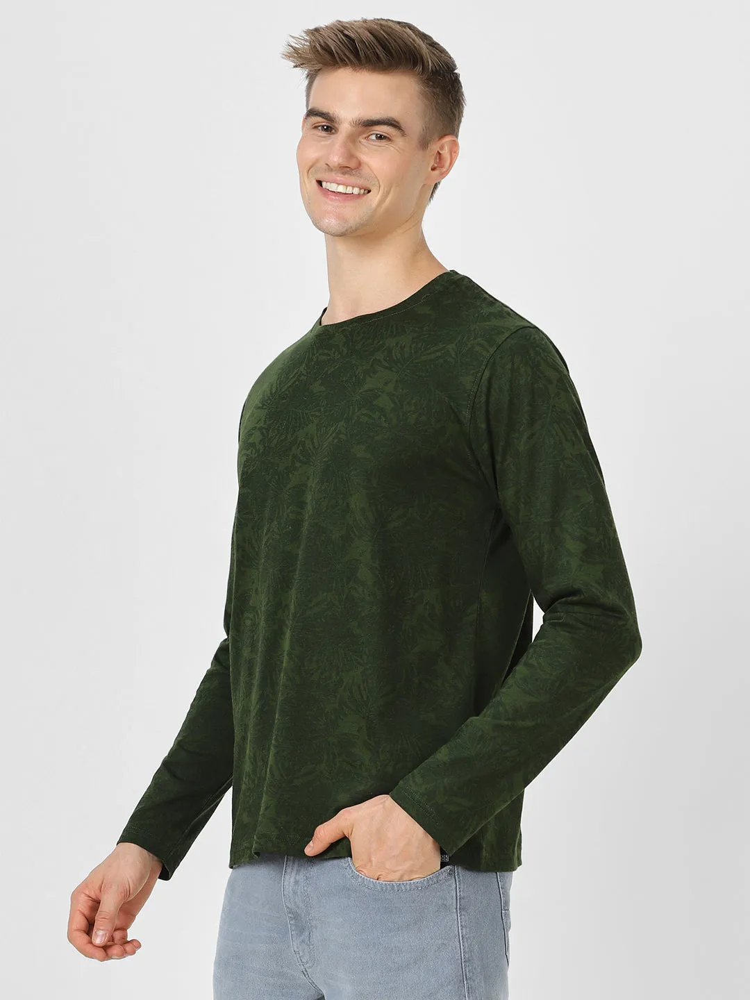 Men's Olive Green Printed Full Sleeve Slim Fit Cotton T-Shirt