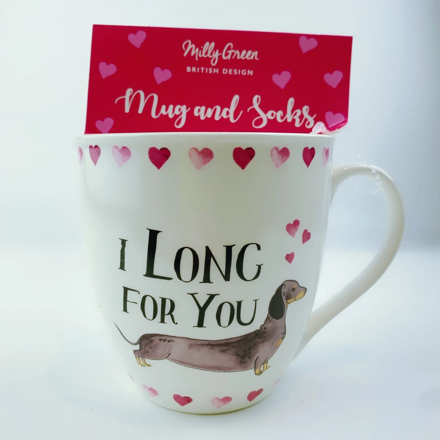 Milly Green British Design I Long For You Dachshund Dog Coffee Mug Tea Cup 20 oz With Sock Set