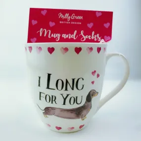 Milly Green British Design I Long For You Dachshund Dog Coffee Mug Tea Cup 20 oz With Sock Set