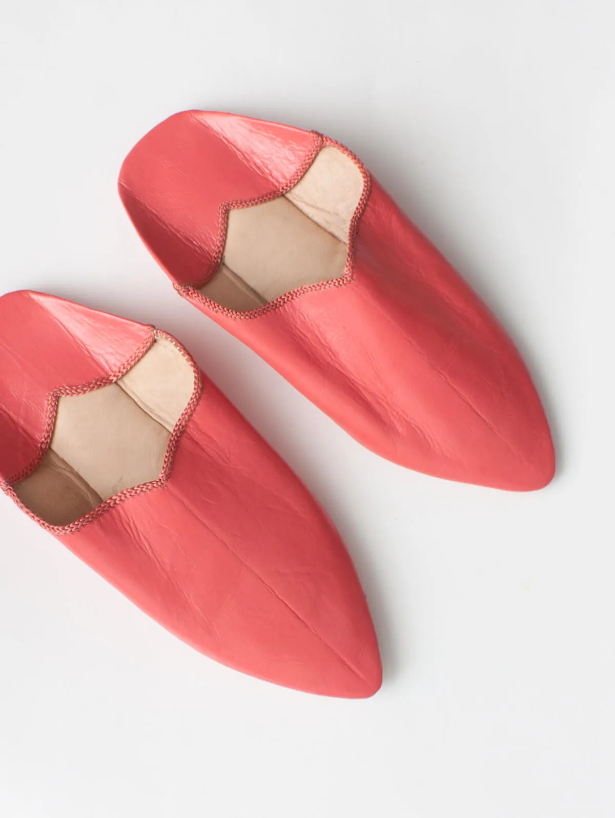 Moroccan Plain Pointed Babouche Slippers, Coral